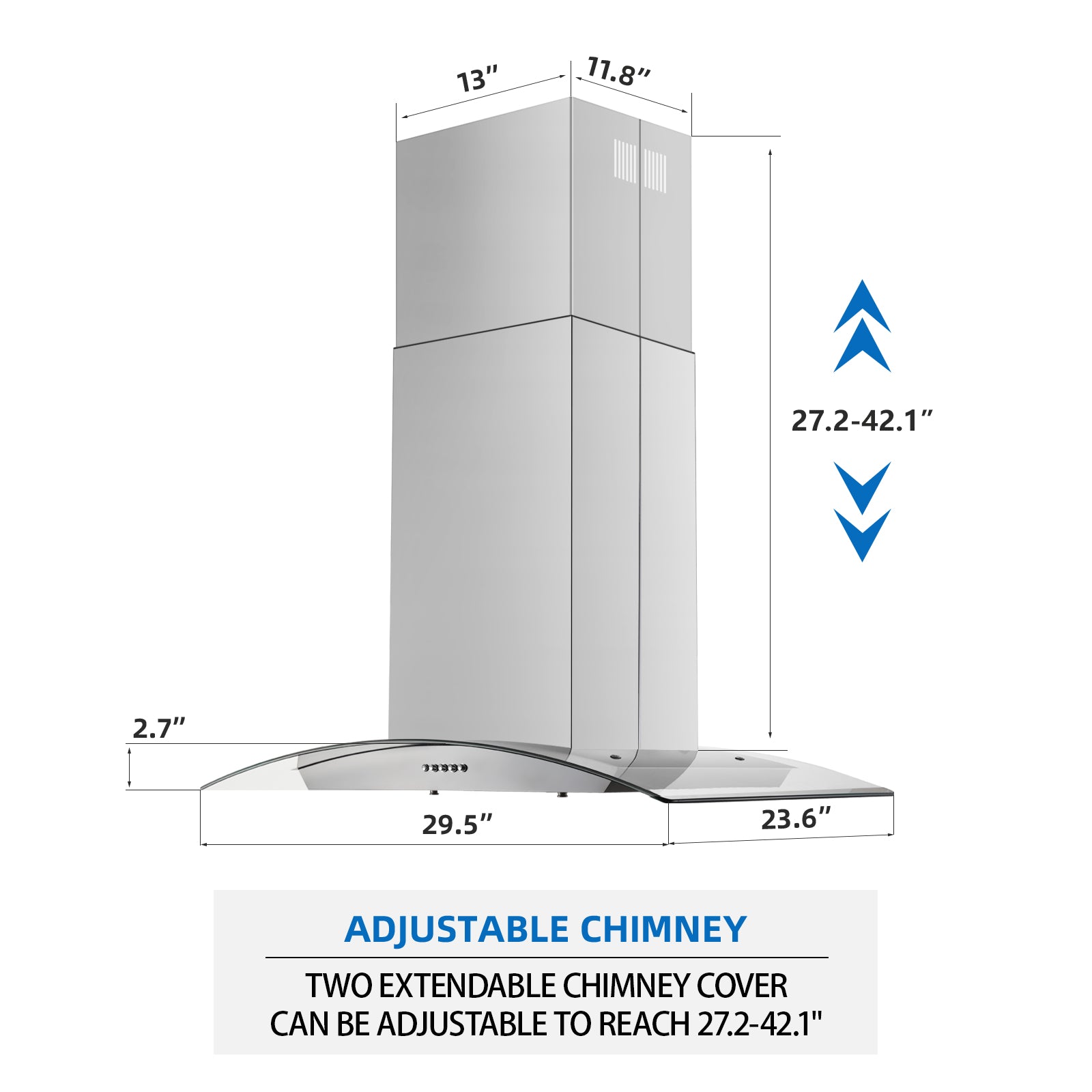 YY0275A-S - 30 Inch - 700 CFM - Island Range Hood Stainless Steel Push Button Control Kitchen Exhaust Ventilation Fan with 5-layer Mesh Filters,