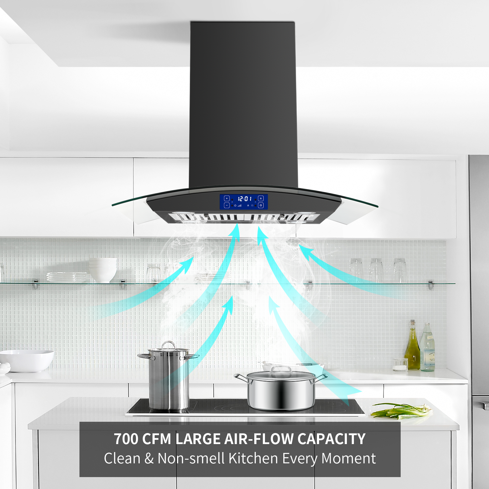 YY0275B - 30 Inch - 700 CFM - Island Range Hood Gesture & Touch Panel Ceiling Mount Vent Hood