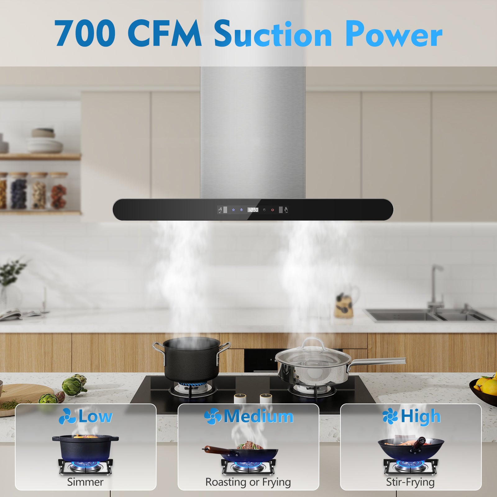 RH601I75BTGA- 30 Inch Island Range Hood, 700 CFM Dual-Sided Ceiling Mount Vent Hood, Convertible Ducted/Ductless, Touch,Gesture & Remote Control