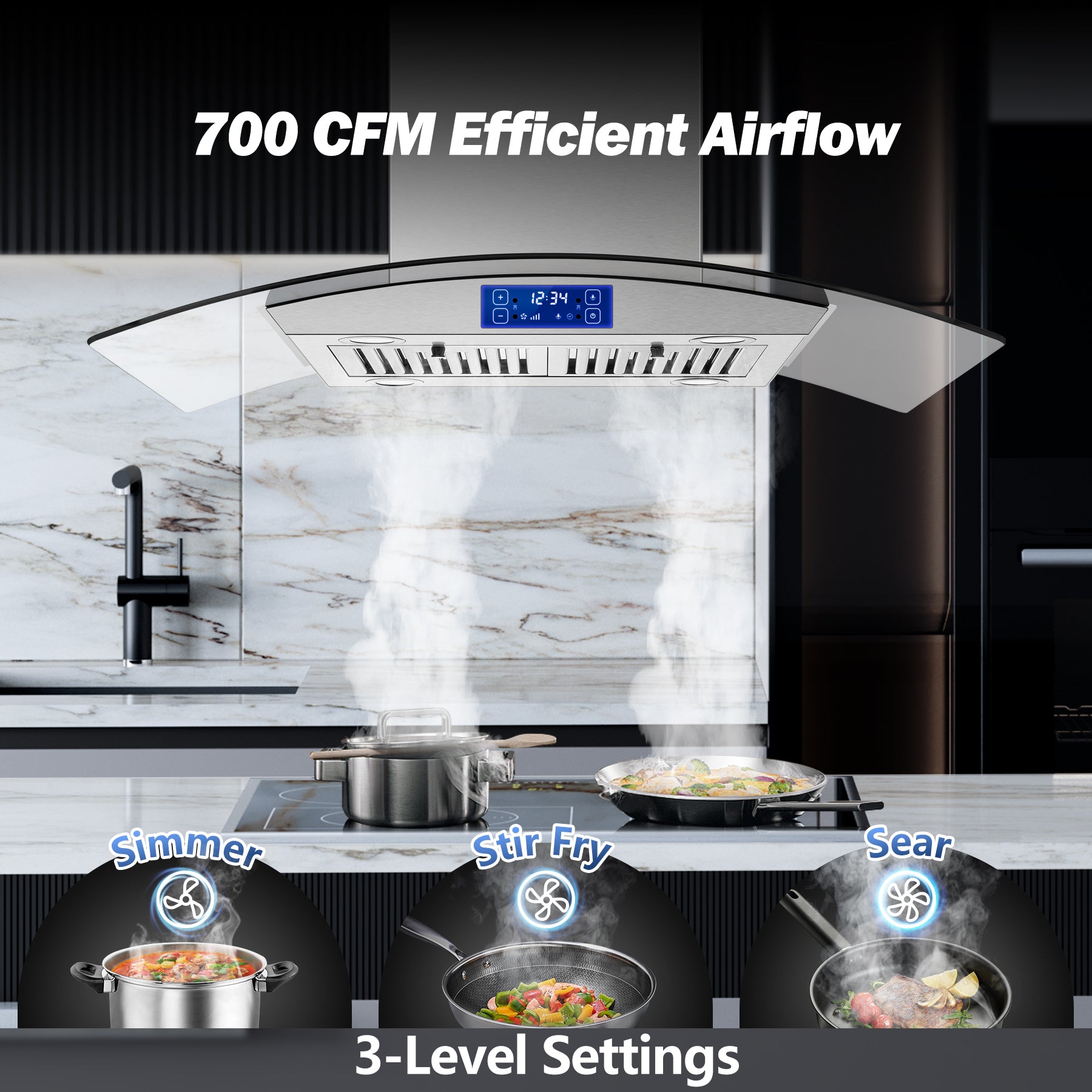 USGI0290B - 36 Inch - 700 CFM - Island Range Hood Gesture & Touch Contro, Stainless Steel Ducted/Ductless Convertible