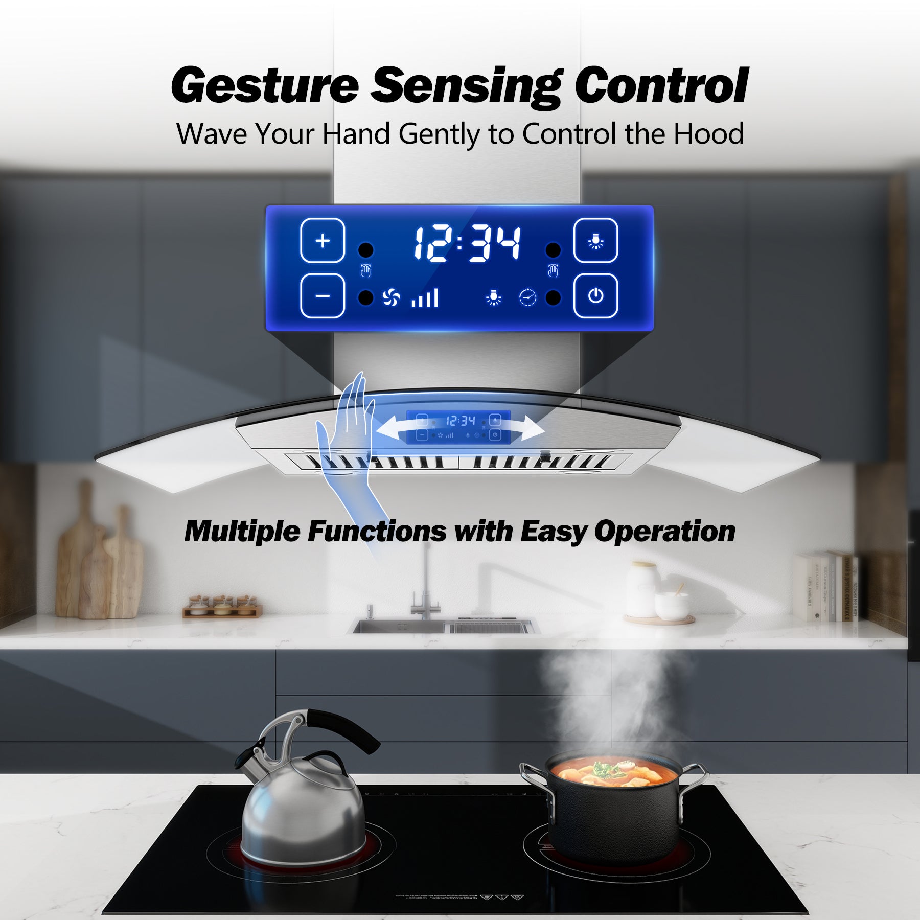 USGI0290B - 36 Inch - 700 CFM - Island Range Hood Gesture & Touch Contro, Stainless Steel Ducted/Ductless Convertible