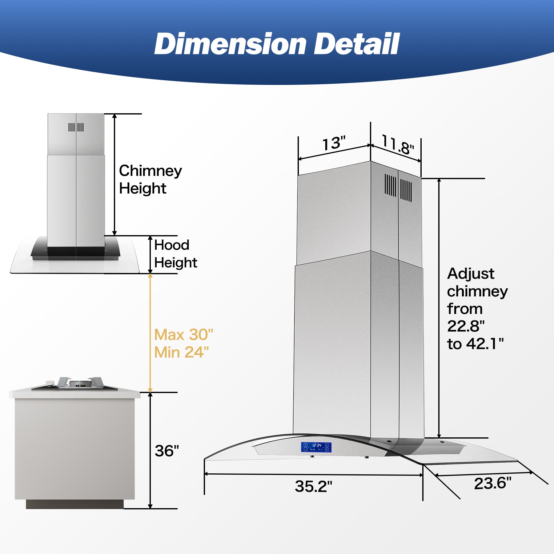 USGI0290B - 36 Inch - 700 CFM - Island Range Hood Gesture & Touch Contro, Stainless Steel Ducted/Ductless Convertible