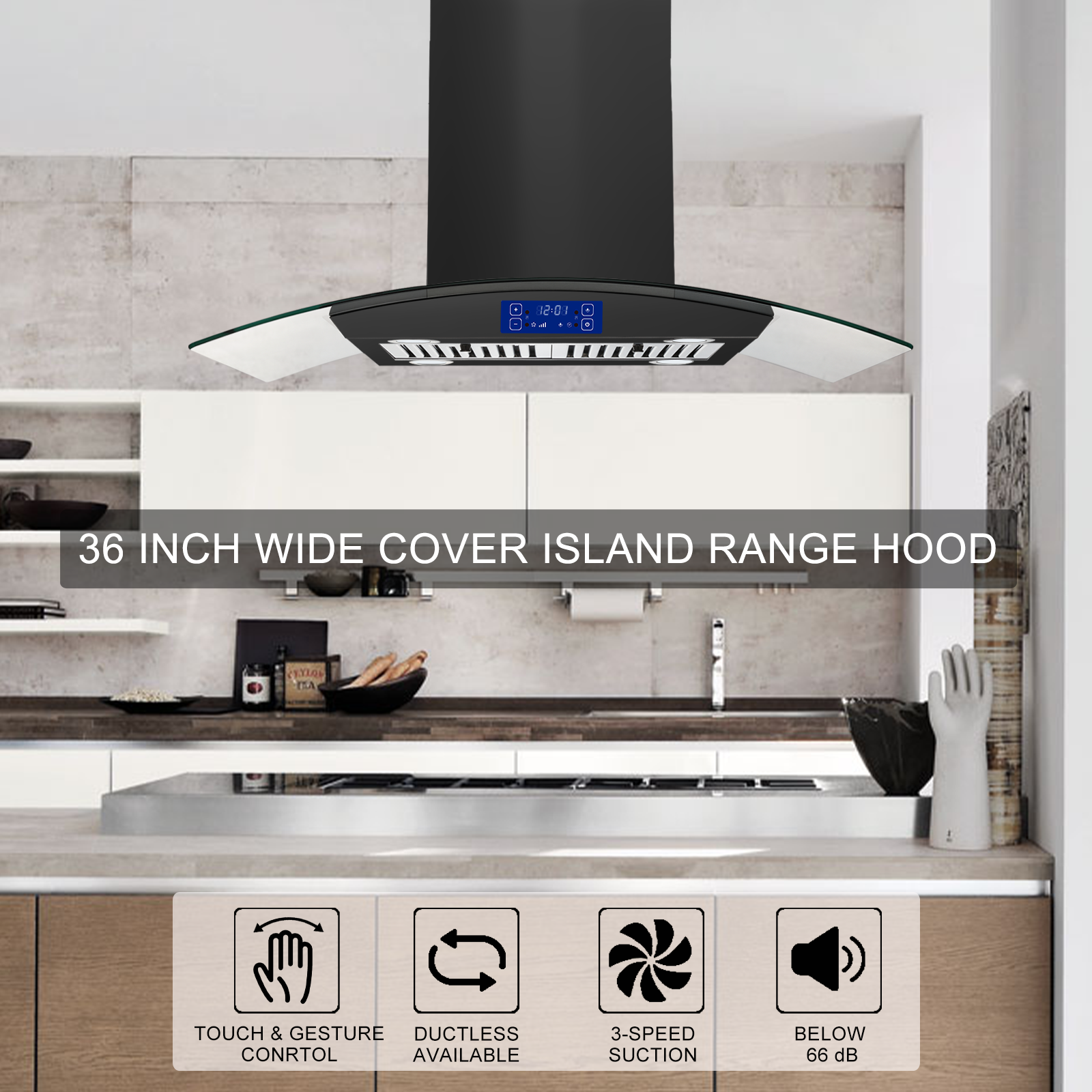 USGI0290BPB - 36 Inch - 700 CFM - Island Range Hood Black Painted Stainless Steel, Gesture & Touch Control Panel Ceiling Mount Kitchen Vent Hood Ducted/Ductless