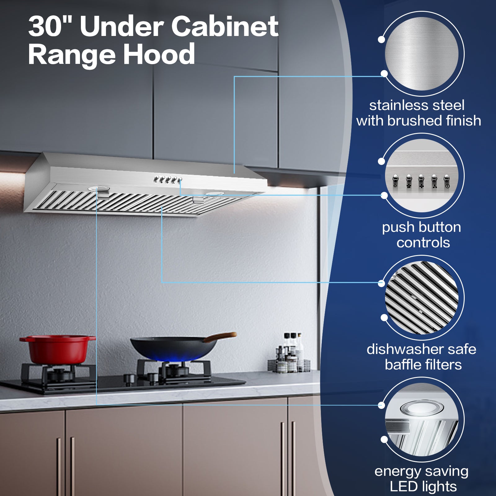 US0475BT - 30 Inch - 700 CFM - Under Cabinet,Stainless Steel Ducted/Ductless Range Hood 30 inch,3 Venting Ways Stove Hood, 3 Speed Exhaust Fan,Push Button Control