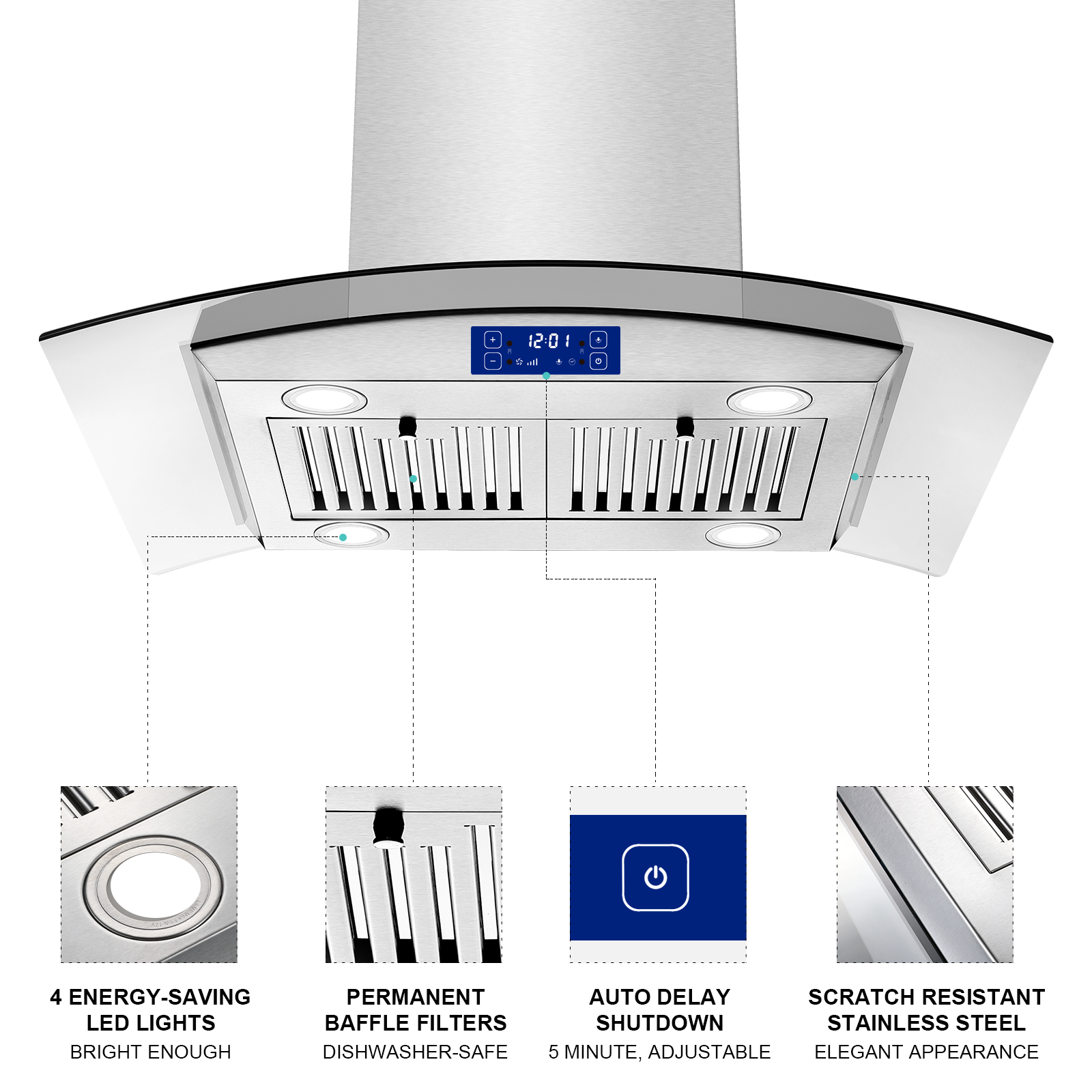 YY0275B-S - 30 Inch Island Range Hood - 700 CFM Gesture & Touch Control, Stainless Steel ConvertibleDucted/Ductless