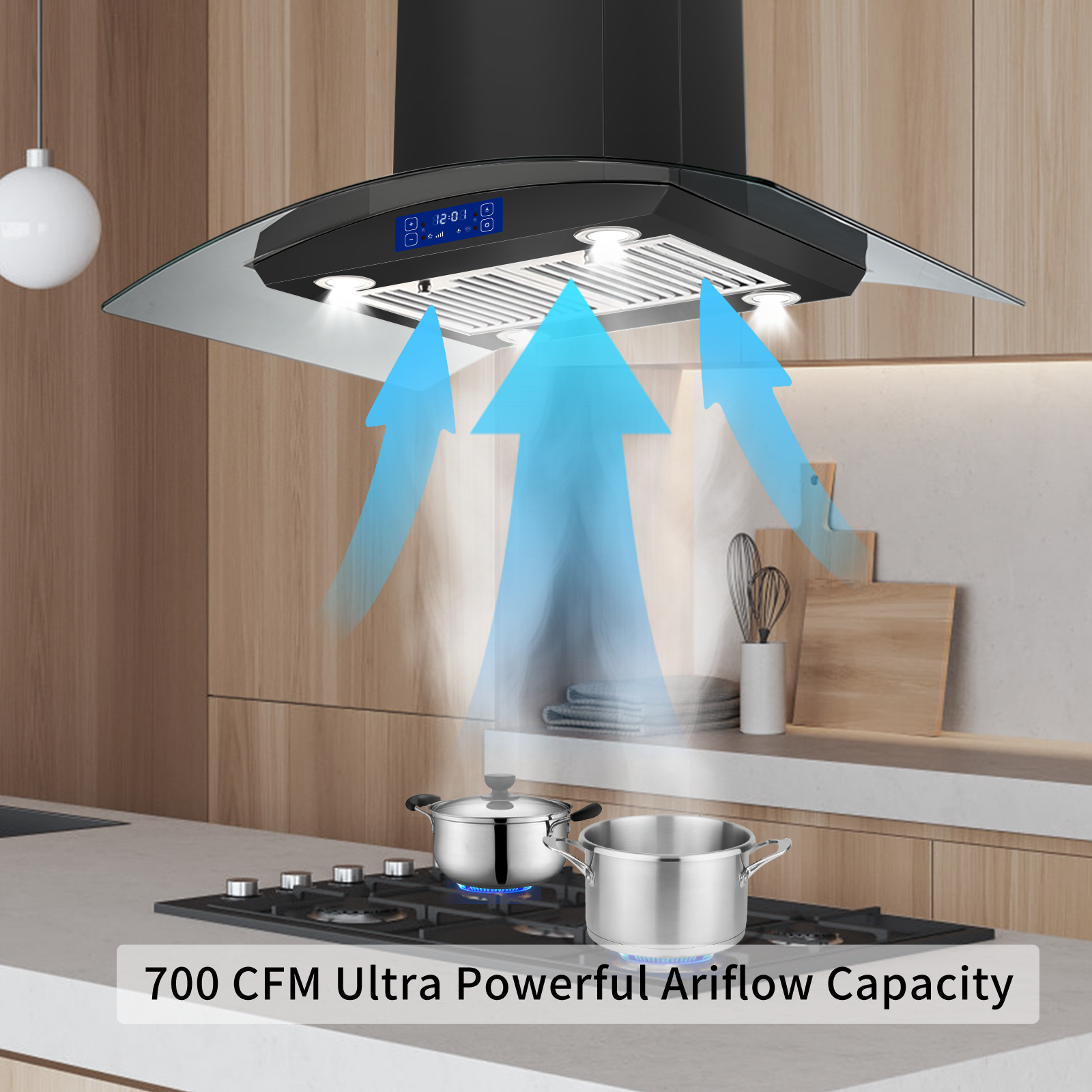 USGI0290BPB - 36 Inch - 700 CFM - Island Range Hood Black Painted Stainless Steel, Gesture & Touch Control Panel Ceiling Mount Kitchen Vent Hood Ducted/Ductless