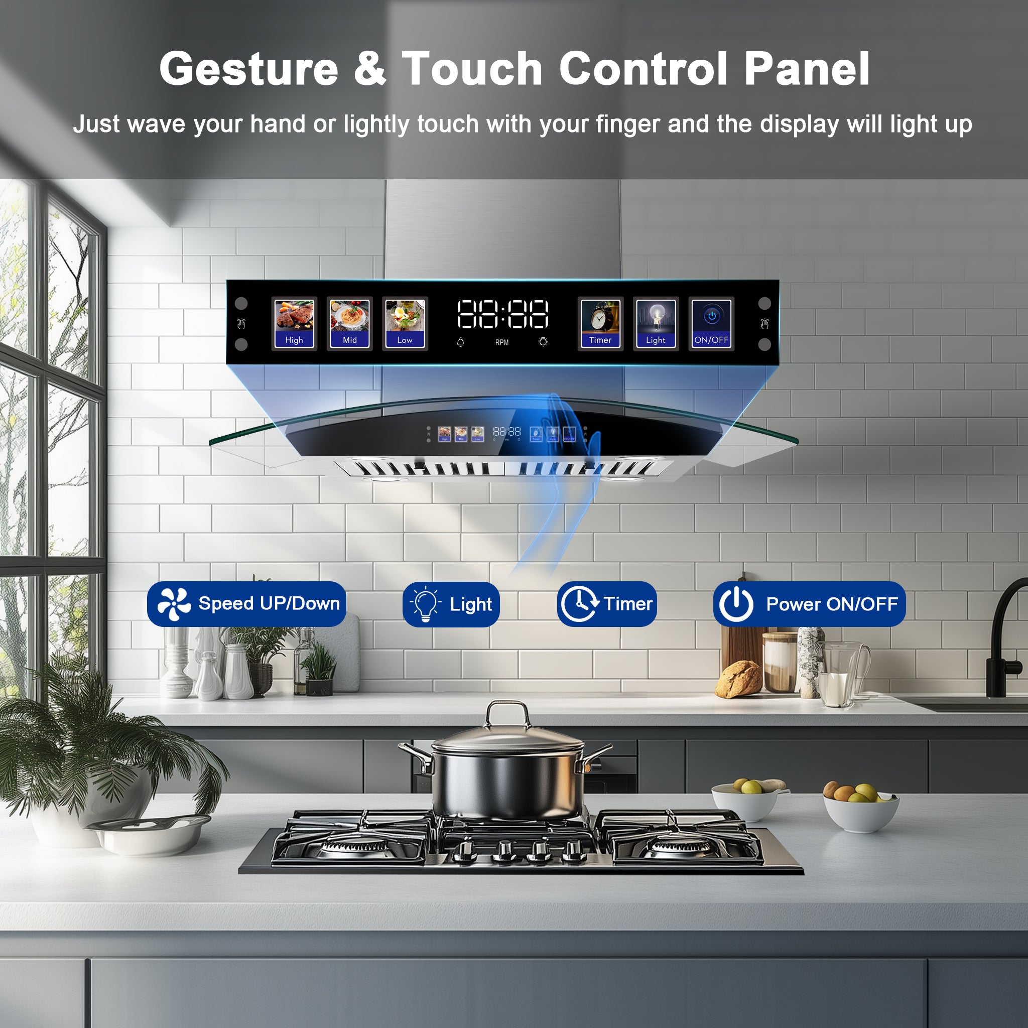 USGI0275BCP- 30 Inch Island Range Hood 700 CFM Ceiling Mount Kitchen Vent Hood Tempered Glass with Color Gesture Sensing & Touch Control