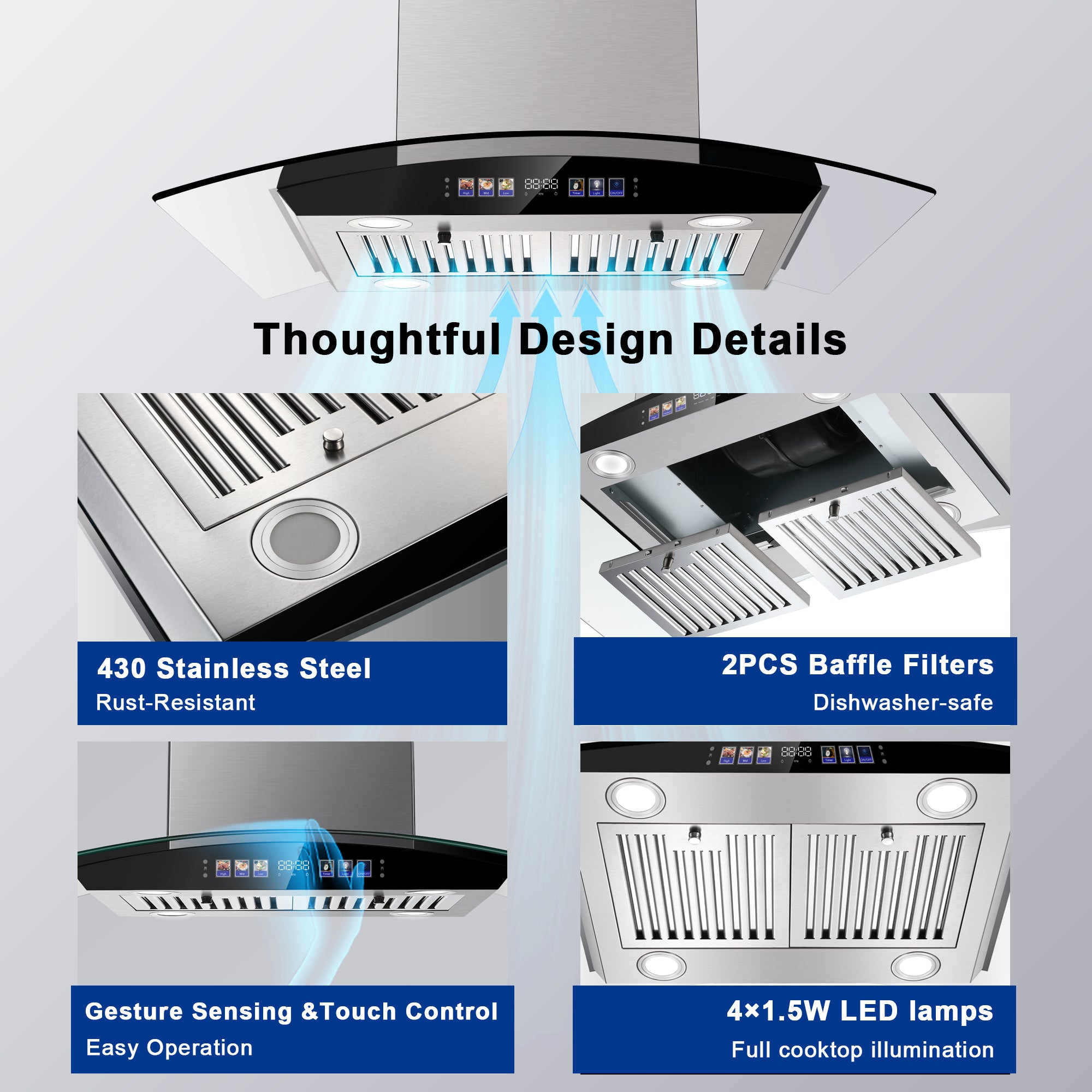 USGI0275BCP- 30 Inch Island Range Hood 700 CFM Ceiling Mount Kitchen Vent Hood Tempered Glass with Color Gesture Sensing & Touch Control