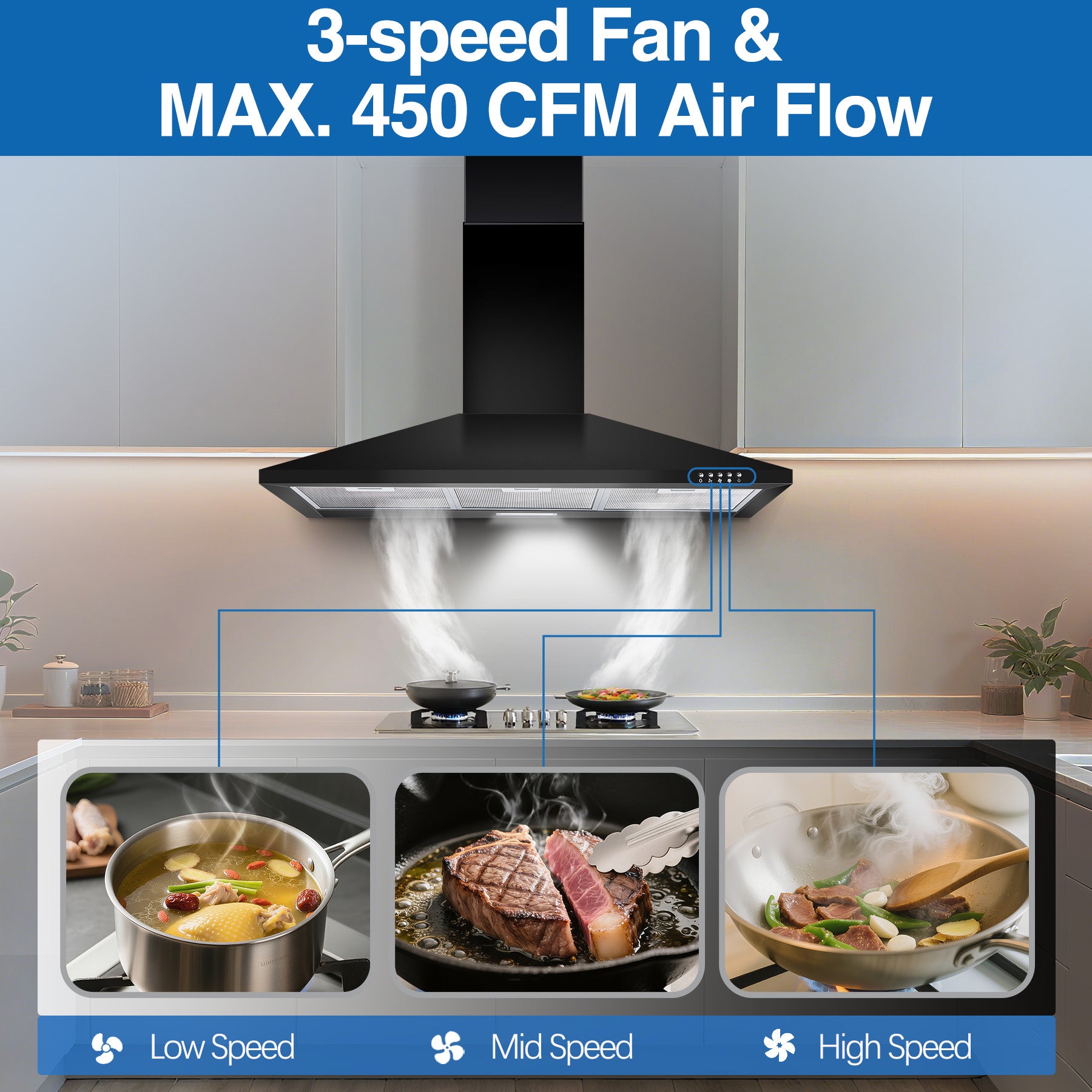 US1001G90BPA - 36 inch Wall Mount Range Hood,Black Vent Hood with 450CFM & 3-Speed