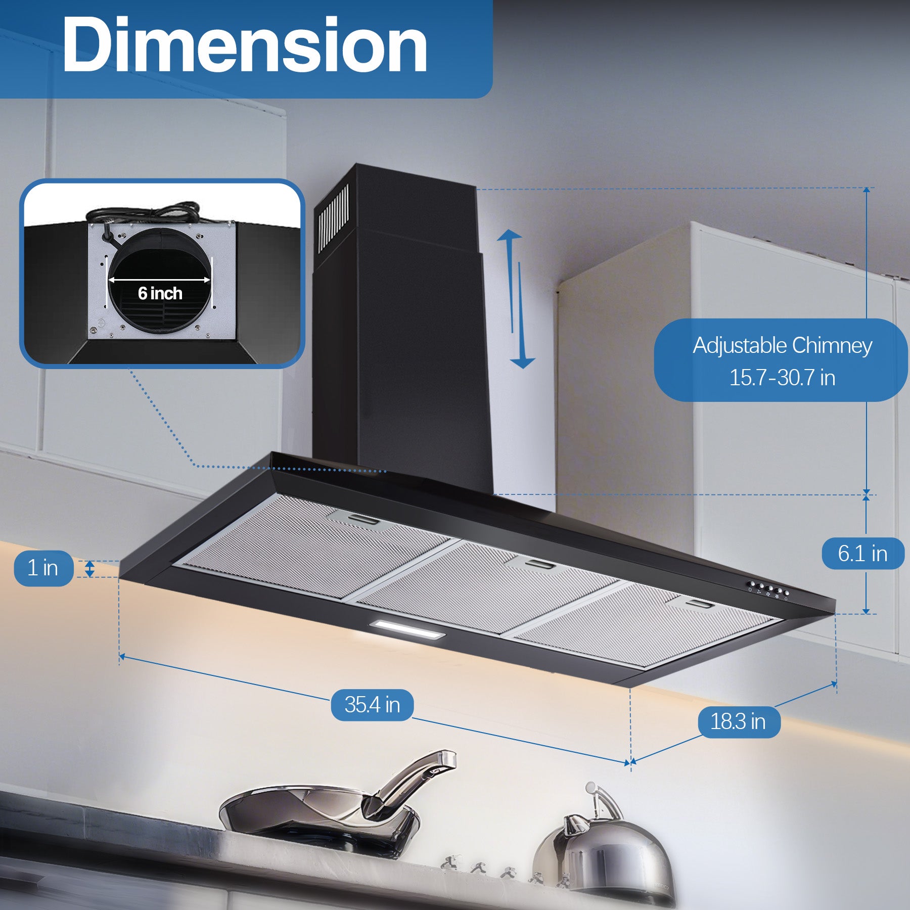 US1001G90BPA - 36 inch Wall Mount Range Hood,Black Vent Hood with 450CFM & 3-Speed