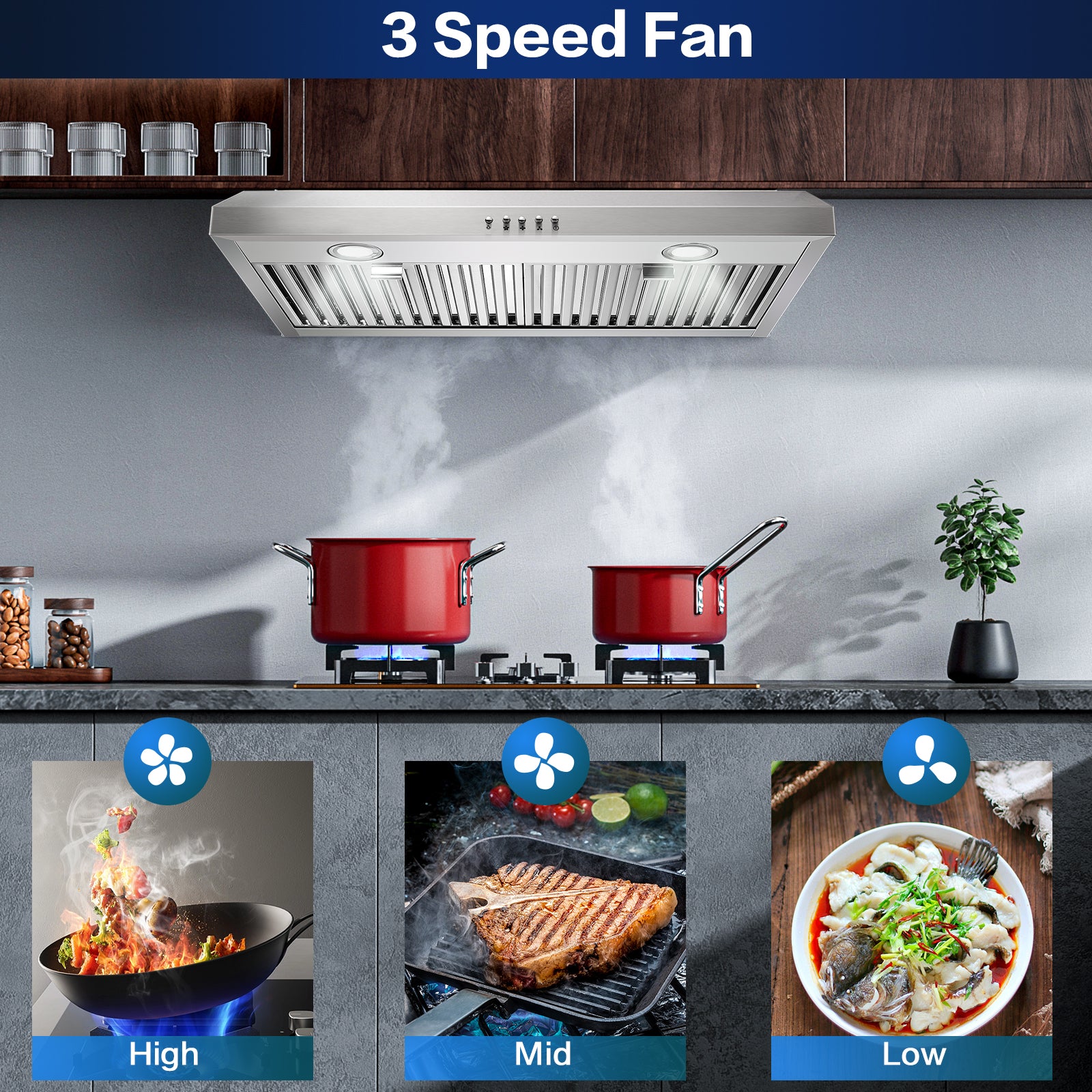 US0475BT - 30 Inch - 700 CFM - Under Cabinet,Stainless Steel Ducted/Ductless Range Hood 30 inch,3 Venting Ways Stove Hood, 3 Speed Exhaust Fan,Push Button Control