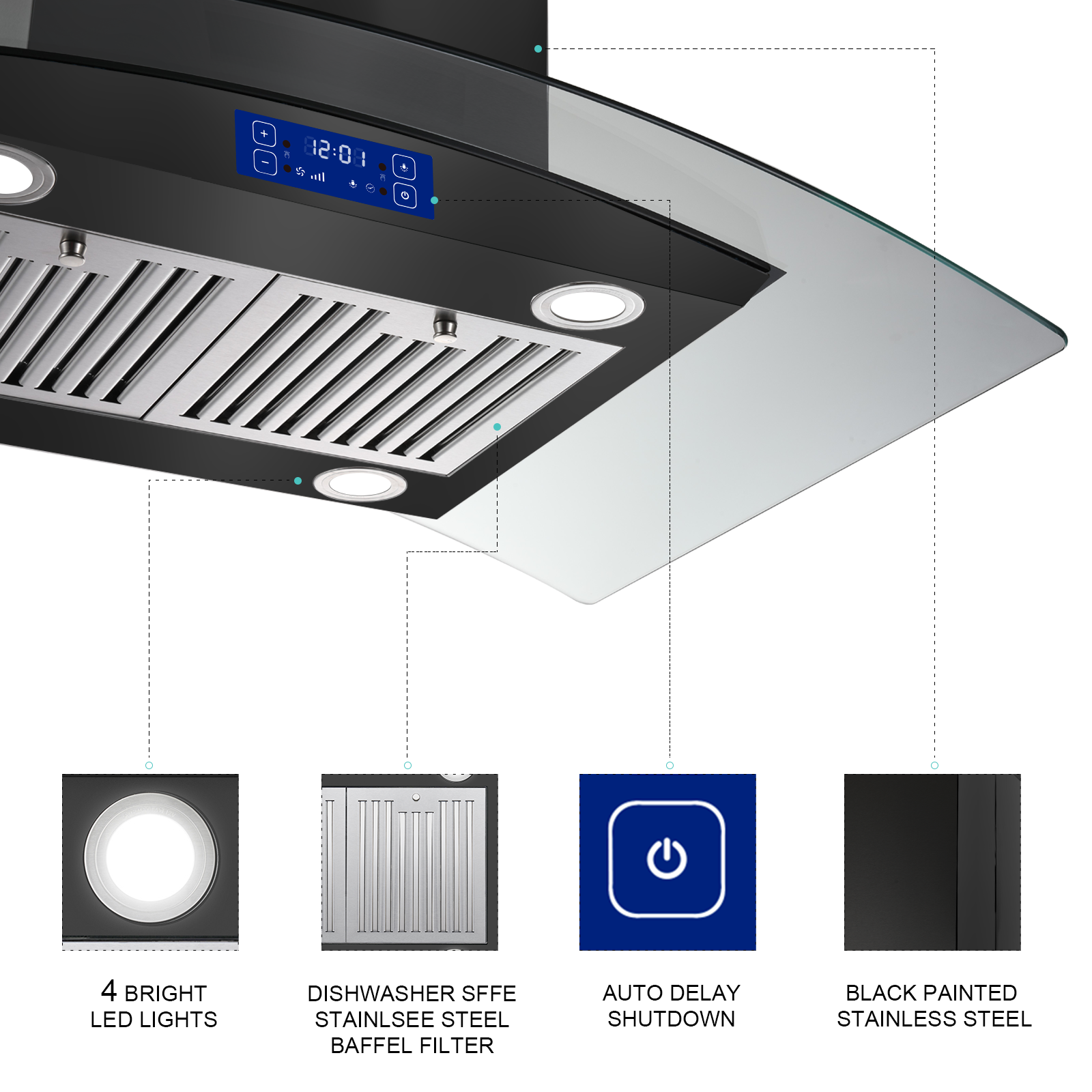 USGI0290BPB - 36 Inch - 700 CFM - Island Range Hood Black Painted Stainless Steel, Gesture & Touch Control Panel Ceiling Mount Kitchen Vent Hood Ducted/Ductless