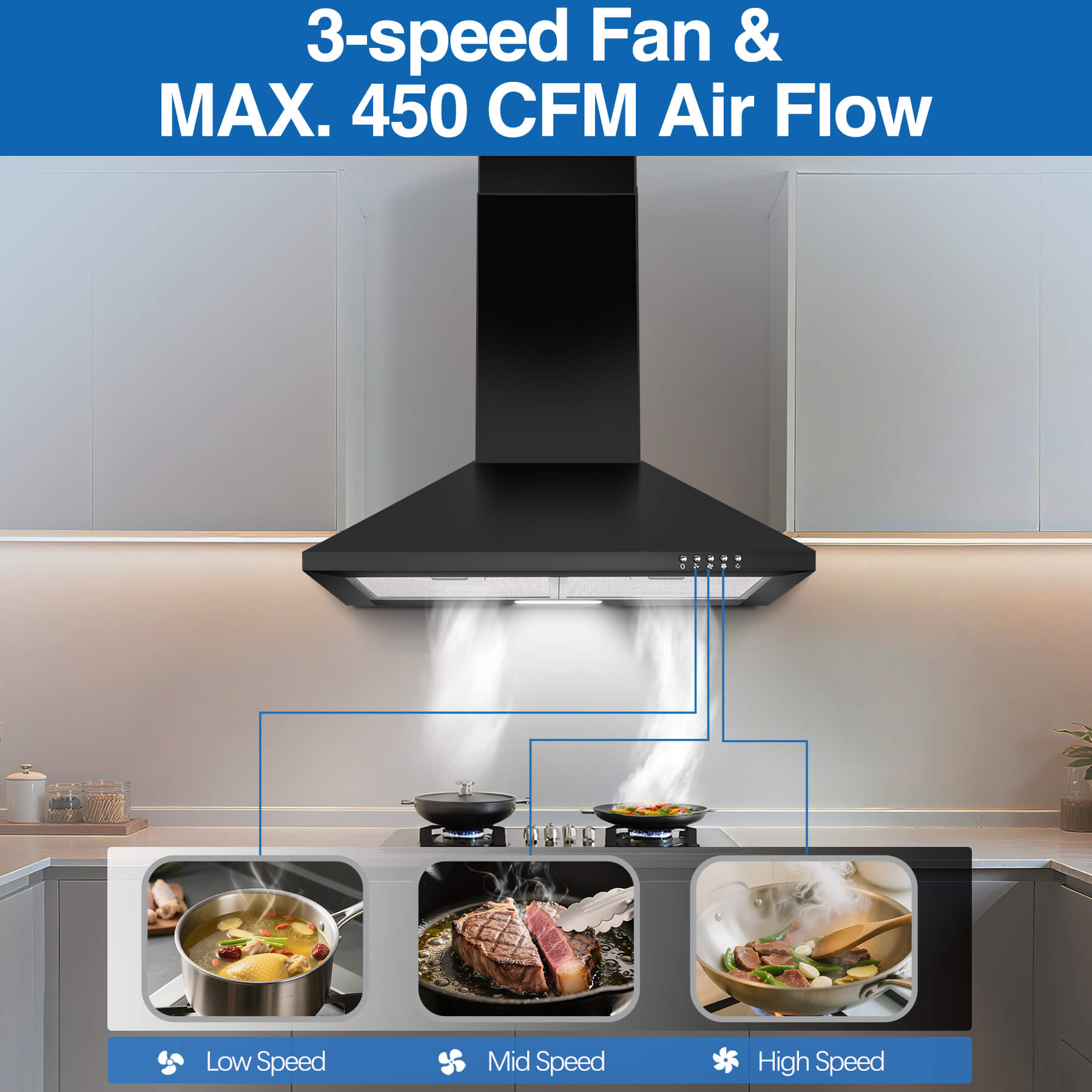 US1001G60BPA -24 inch Wall Mount Range Hood, 450 CFM Dcted/Ductless Black Vent Hood