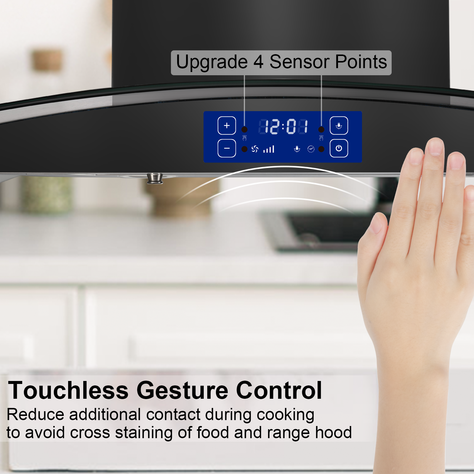 USGI0290BPB - 36 Inch - 700 CFM - Island Range Hood Black Painted Stainless Steel, Gesture & Touch Control Panel Ceiling Mount Kitchen Vent Hood Ducted/Ductless