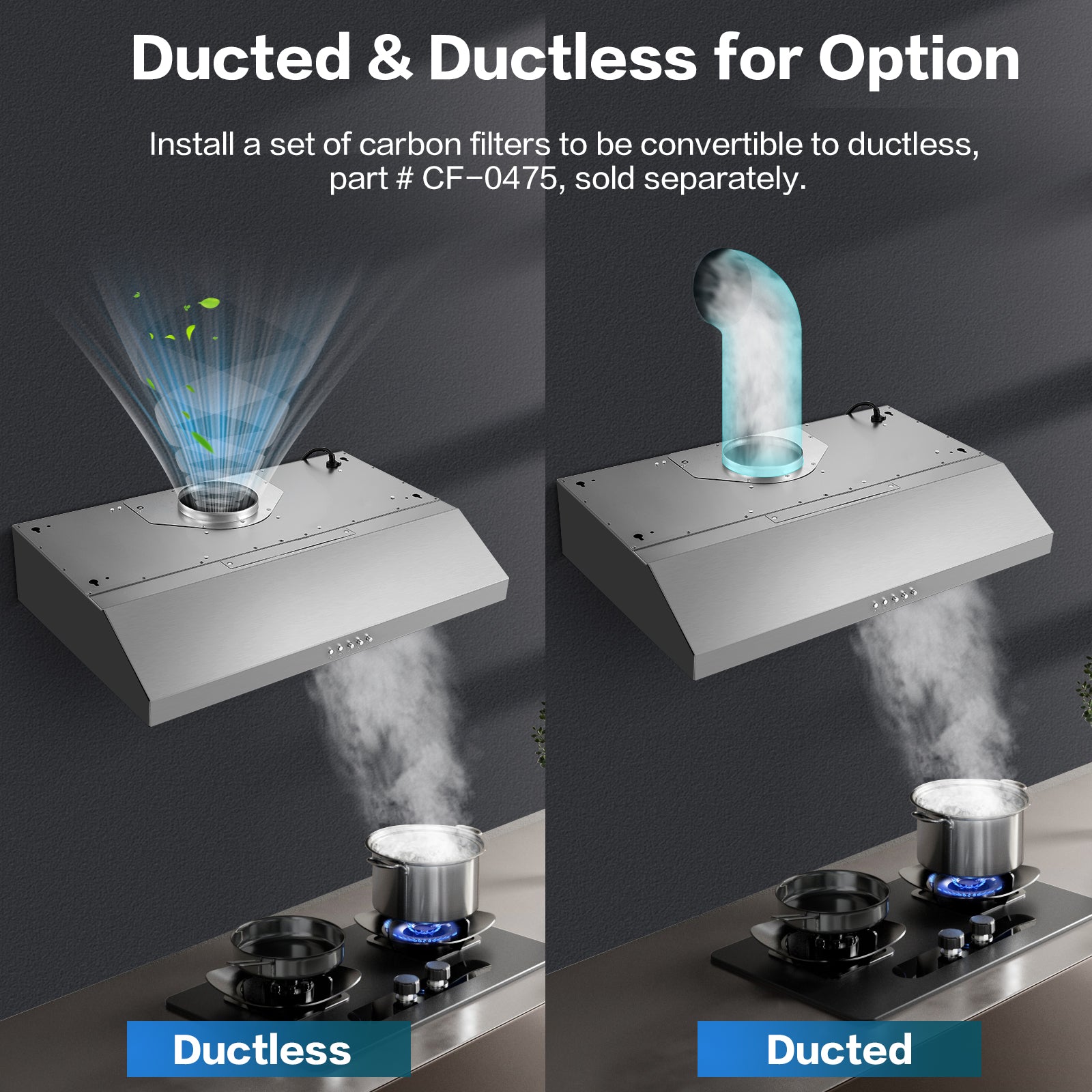 US0475BT - 30 Inch - 700 CFM - Under Cabinet,Stainless Steel Ducted/Ductless Range Hood 30 inch,3 Venting Ways Stove Hood, 3 Speed Exhaust Fan,Push Button Control