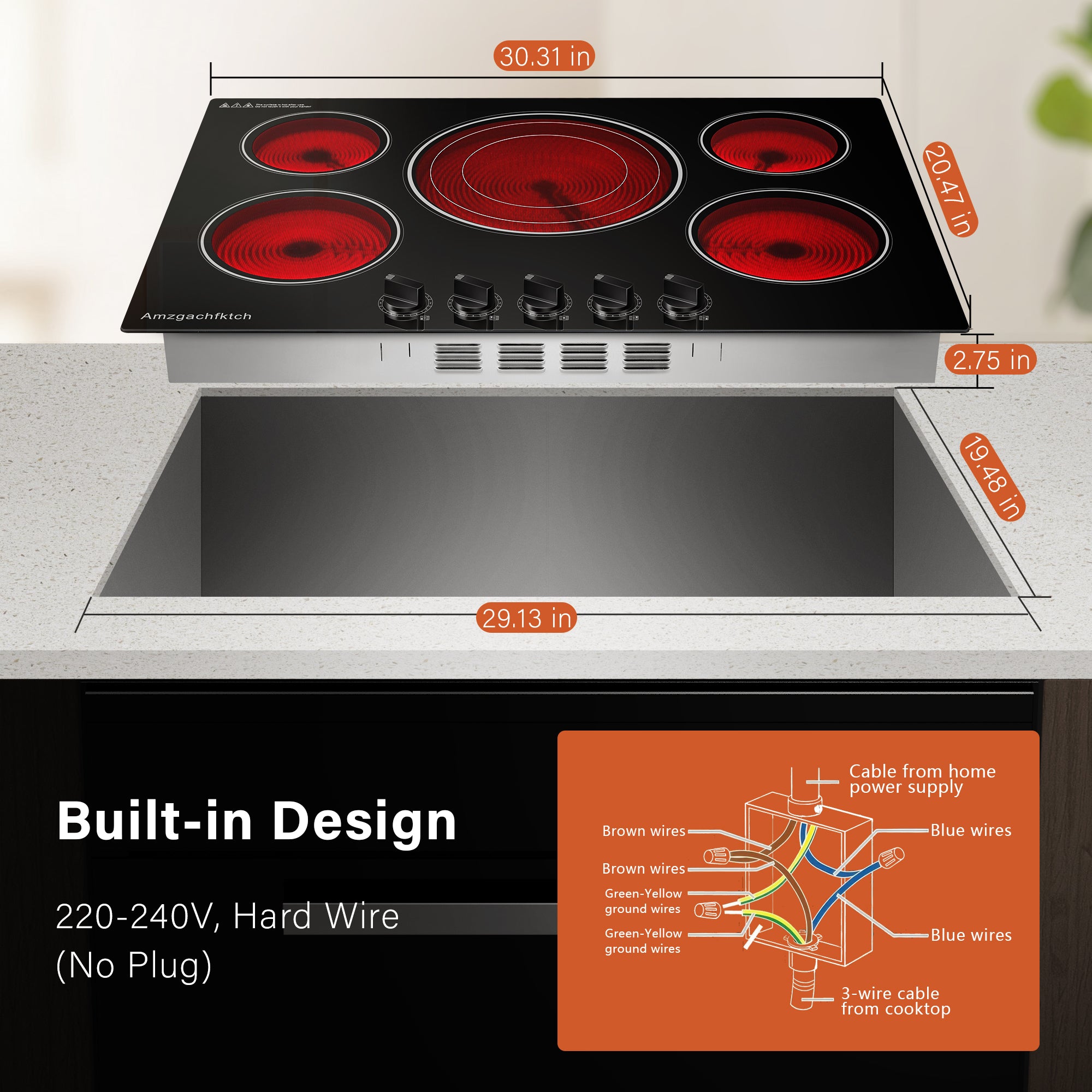 CH30K230905A - 30 Inch Built-in Electric Cooktop with Expandable Triple Ring Burners, 5 Burner 9000W Ceramic Stove Top - Easy Knob Controls & Residual Heat Indicator (220-240V Hardwired)