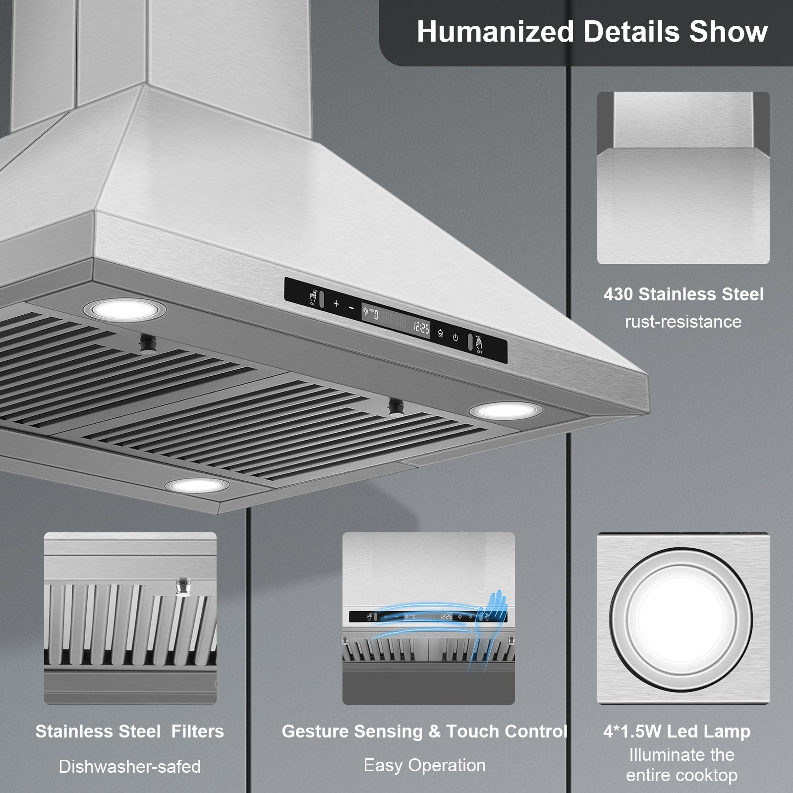USGI1775B -30 Inch Island Range Hood, 700 CFM Vent Hood with Gesture/Touch Control