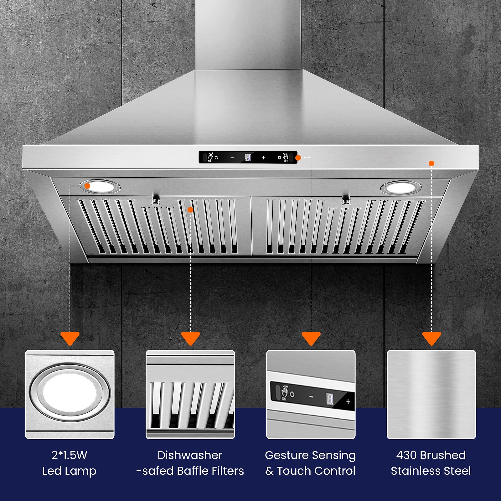 USGD0775 - 30 inch Wall Mount Range Hood , 700 CFM with Gesture Sensing & Touch Control, Ducted/Ductless, Stainless Steel Stove Vent Hood