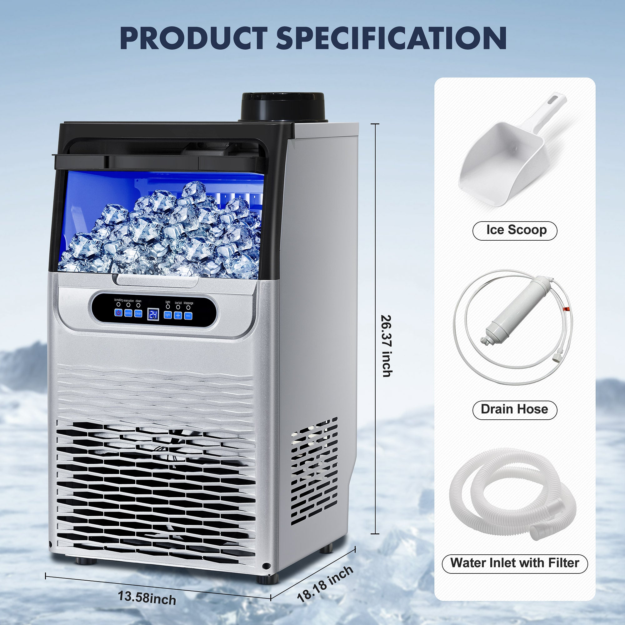 CIM30-S - 90LBS/24H Under Counter Ice Maker, 32 Cubes/Cycle with 25LBS Stainless Steel Freestanding Ice Machine