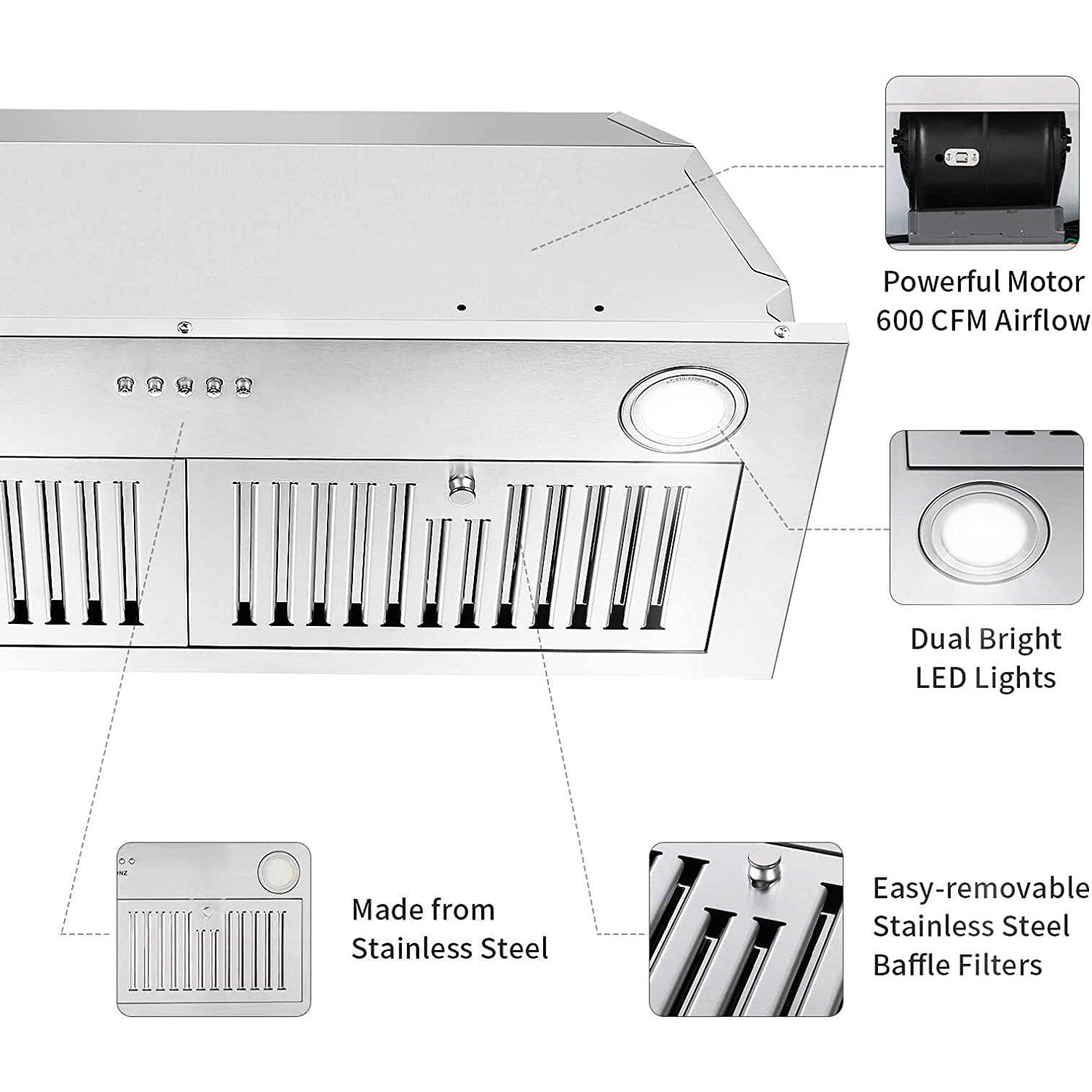 Built in stainless Steel Kitchen Vent Hood 600CFM - USGB1370
