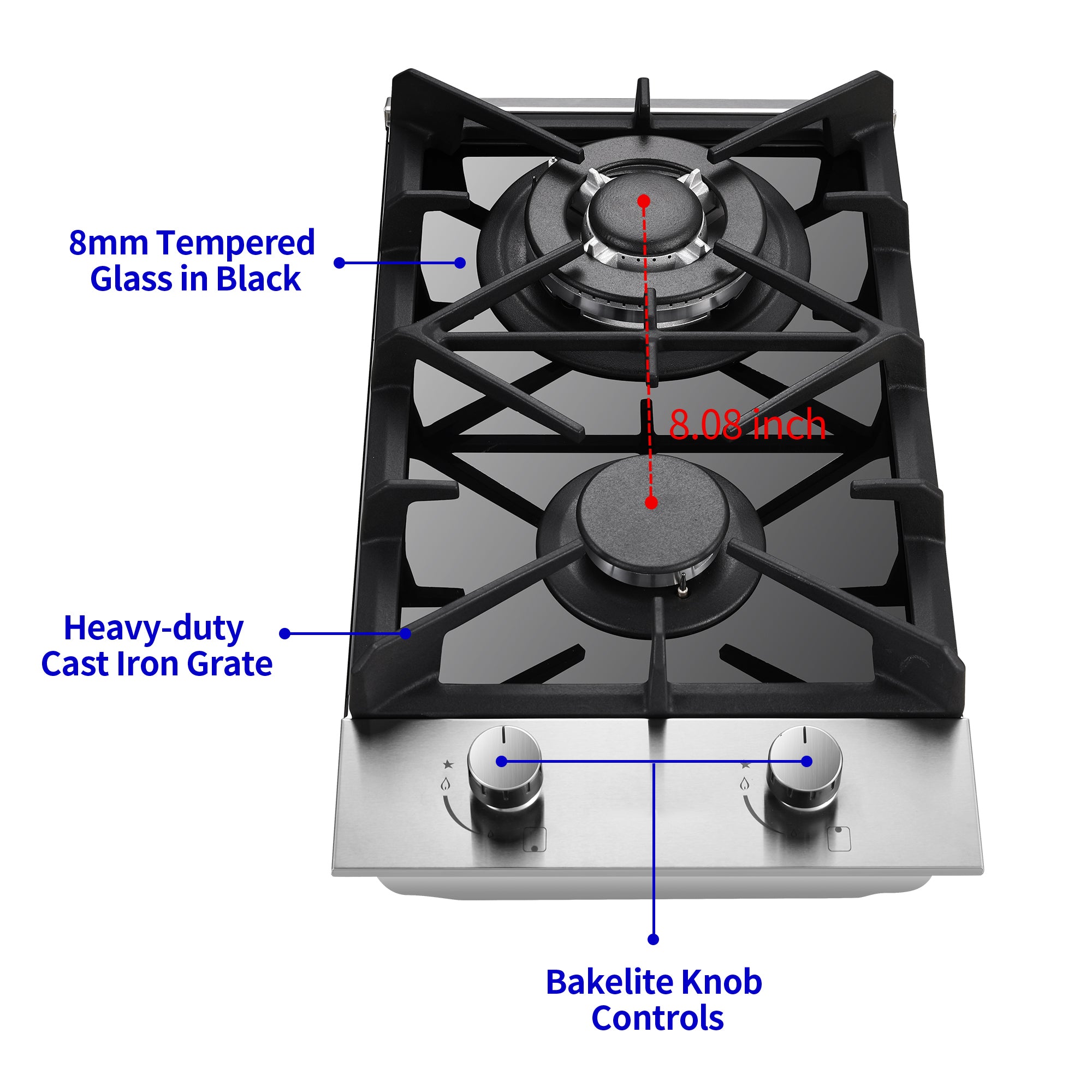 GC001-122G - 12 inch - 2 Burner Built-in Propane Gas Cooktop