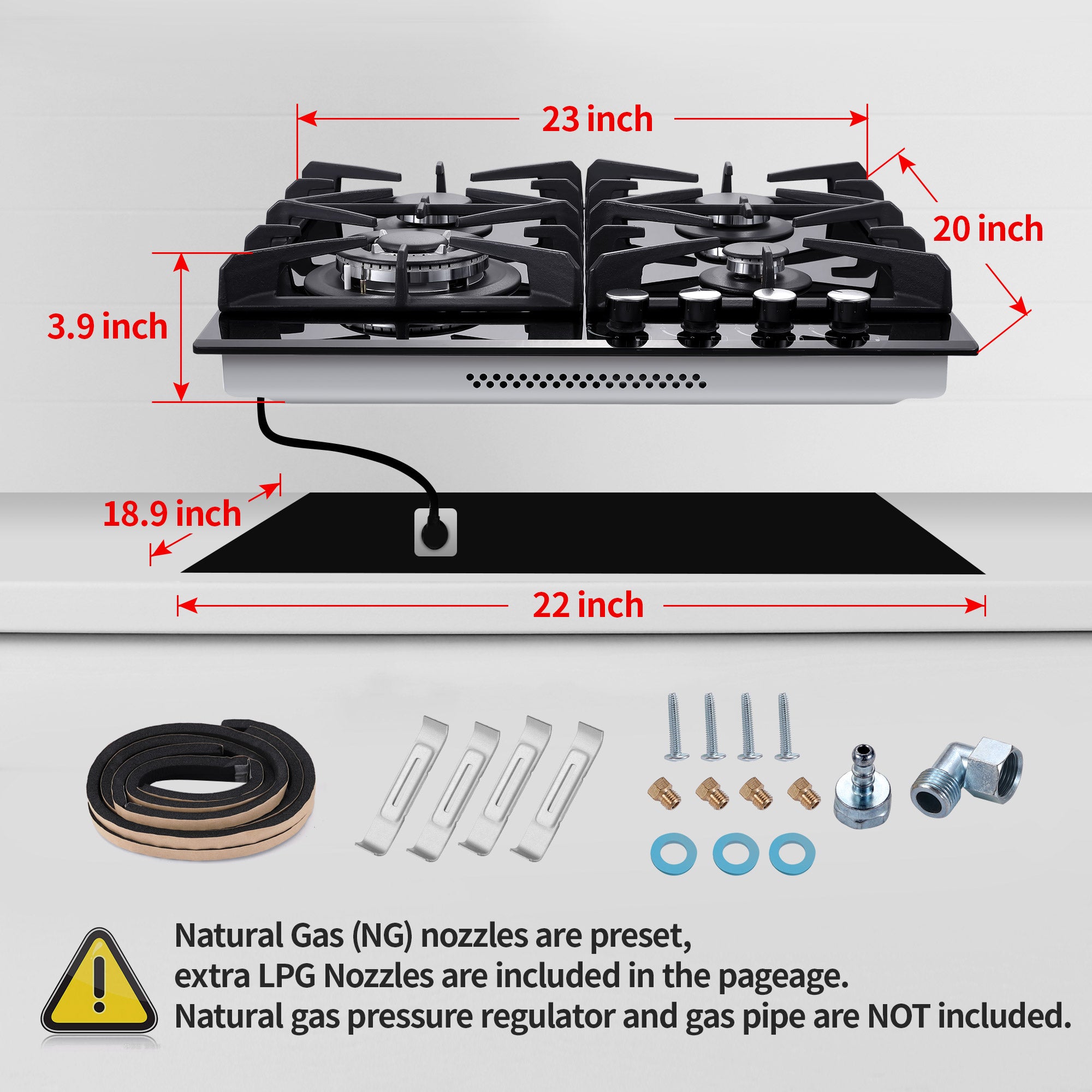 GC003-244G - 24 inch - 4 Burner Glass Gas Stove Top