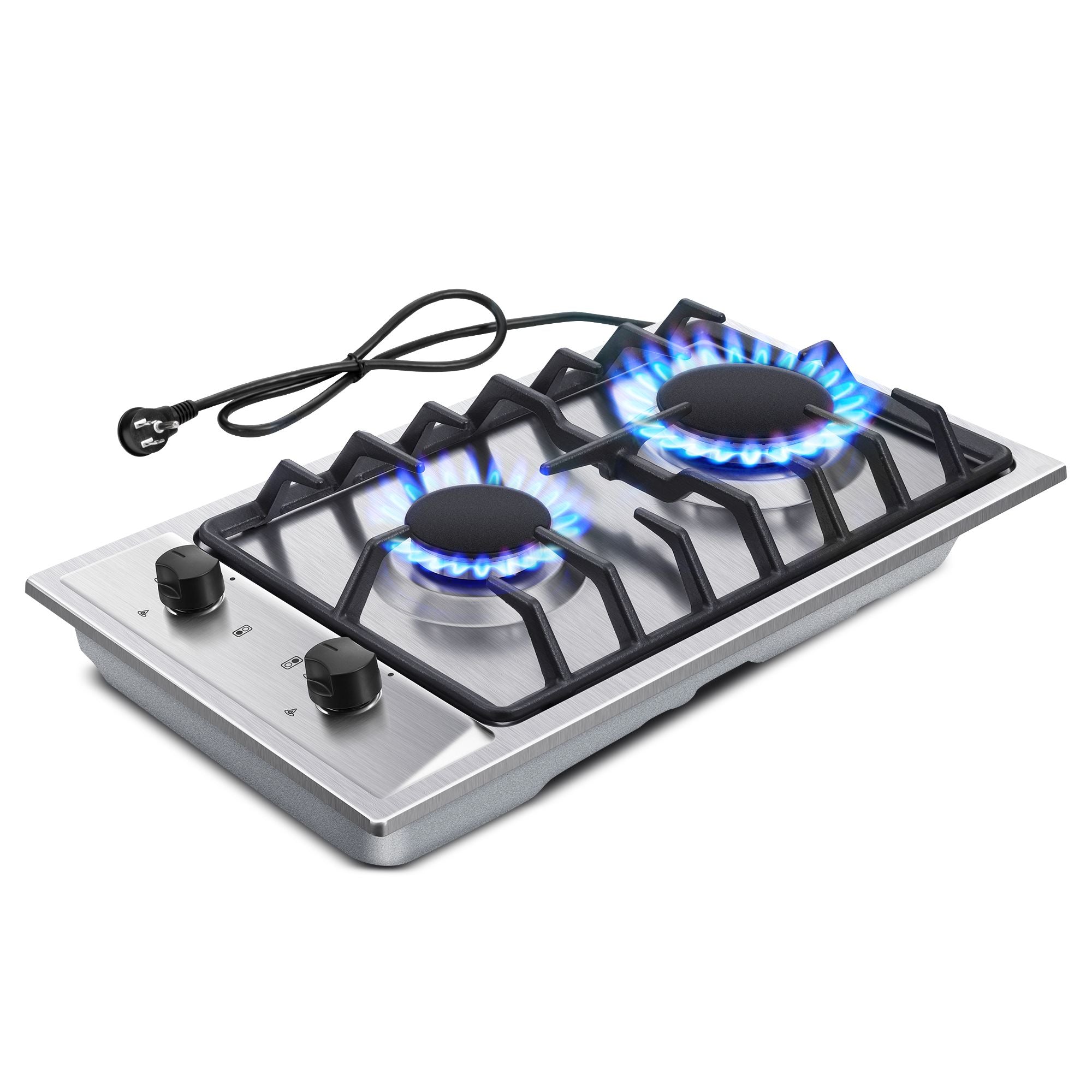 GH001-122S - 12" Kitchen Gas Cooktop 2burners Built-in Hob NG/LPG Stainless Steel Convertible