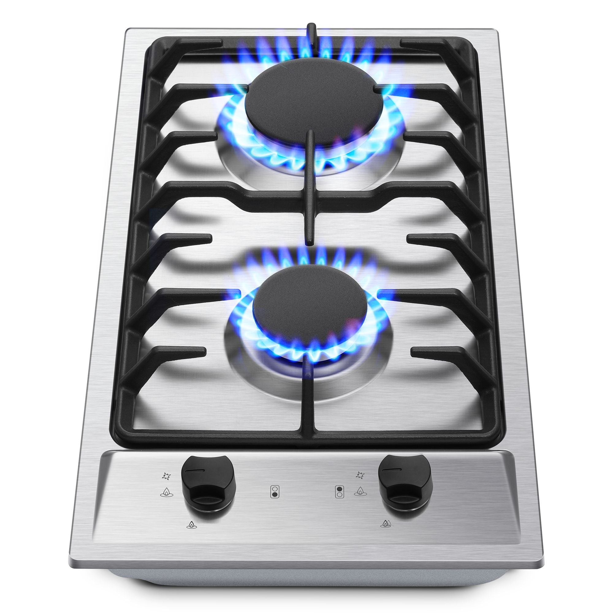 GH001-122S - 12" Kitchen Gas Cooktop 2burners Built-in Hob NG/LPG Stainless Steel Convertible