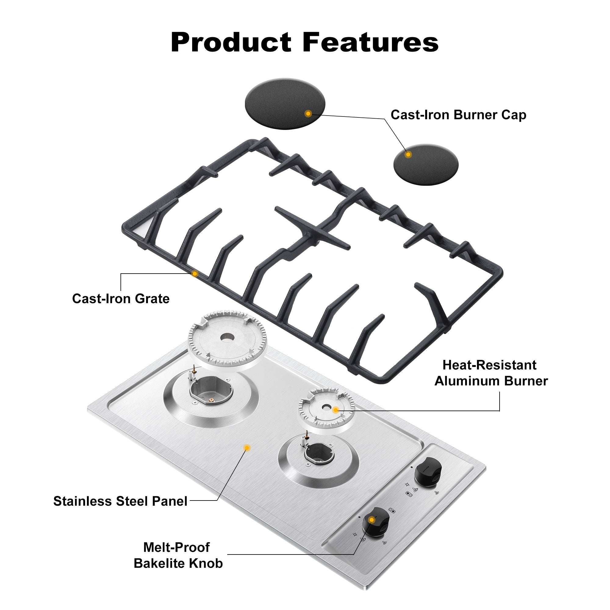 GH001-122S - 12" Kitchen Gas Cooktop 2burners Built-in Hob NG/LPG Stainless Steel Convertible
