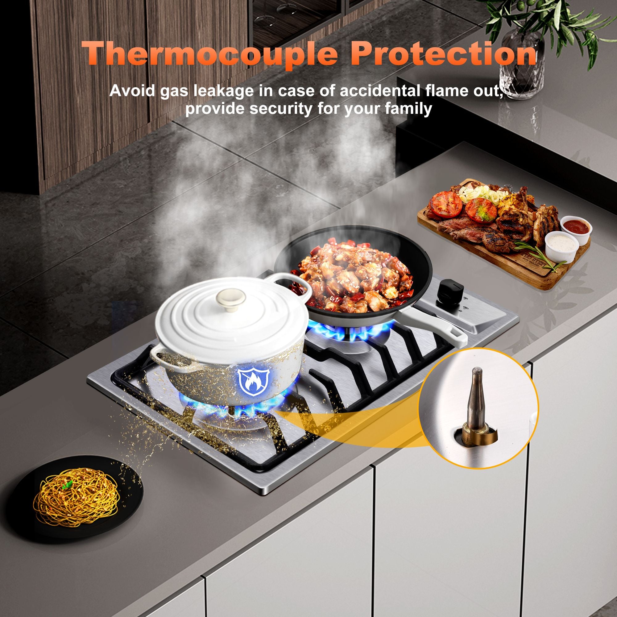 GH001-122S - 12" Kitchen Gas Cooktop 2burners Built-in Hob NG/LPG Stainless Steel Convertible