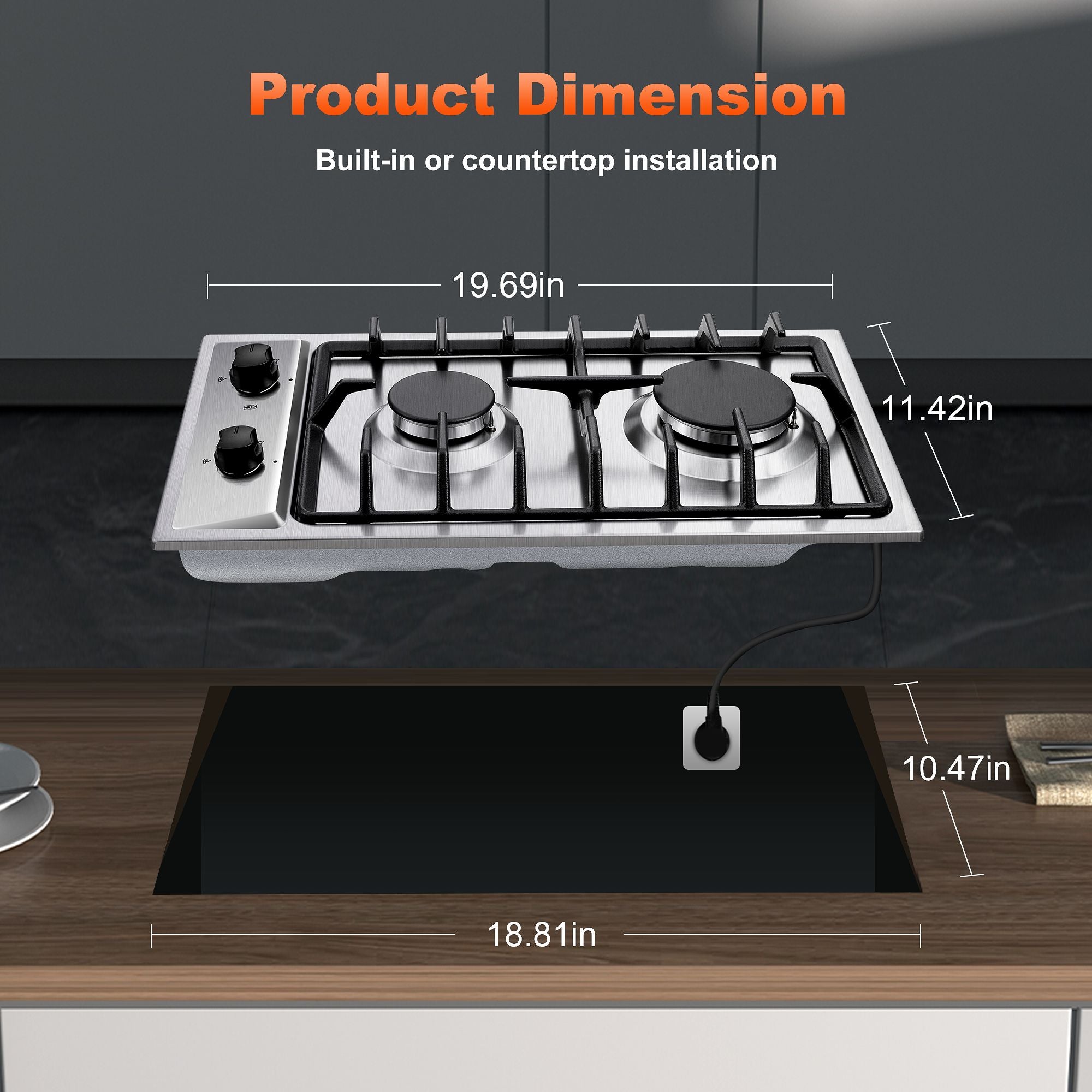 GH001-122S - 12" Kitchen Gas Cooktop 2burners Built-in Hob NG/LPG Stainless Steel Convertible