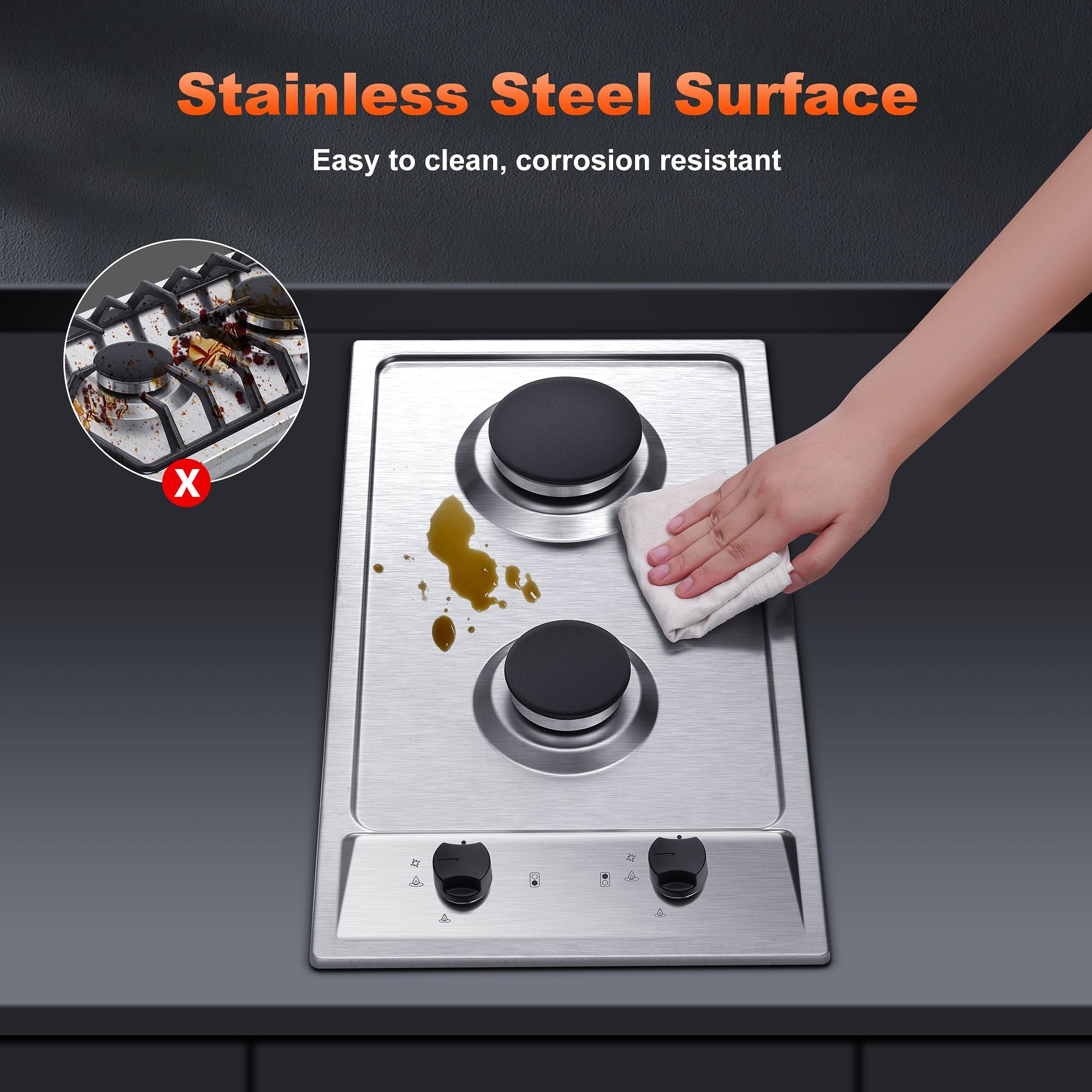 GH001-122S - 12" Kitchen Gas Cooktop 2burners Built-in Hob NG/LPG Stainless Steel Convertible