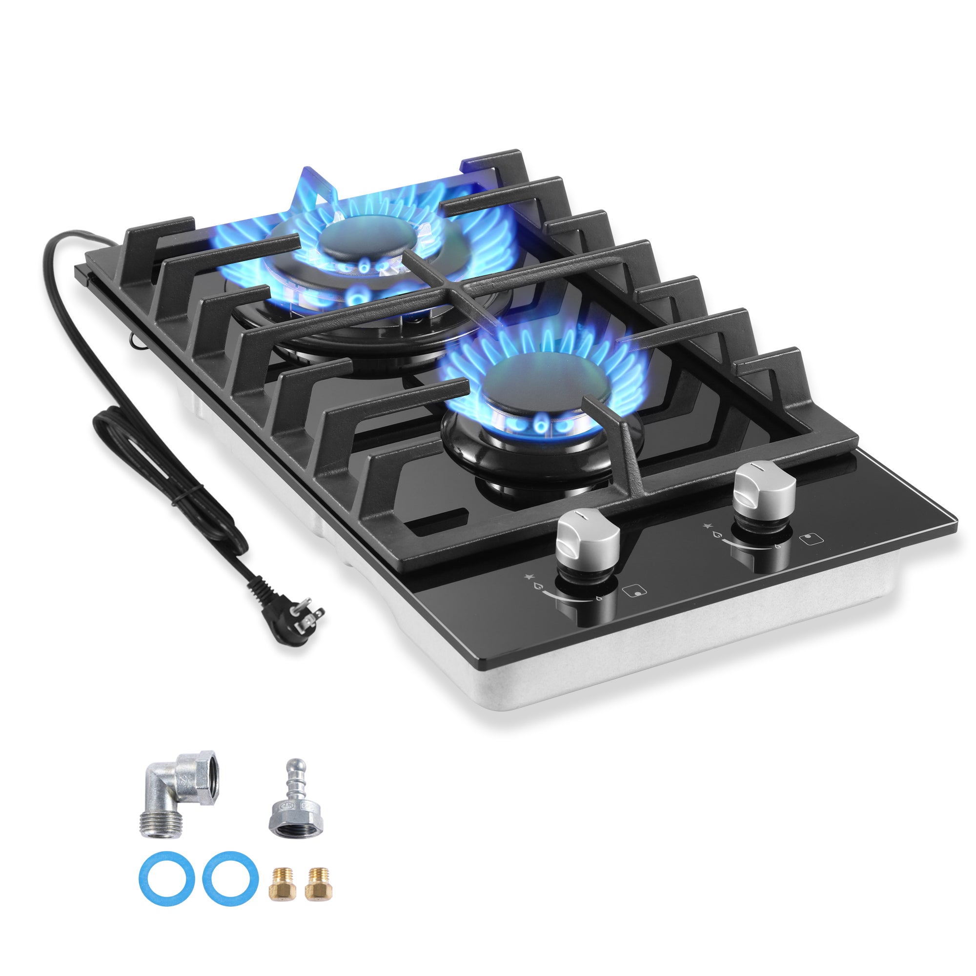 GH002-122G - 12" Kitchen Gas Cooktop 2burners Built-in Hob NG/LPG Black Tempered Glass