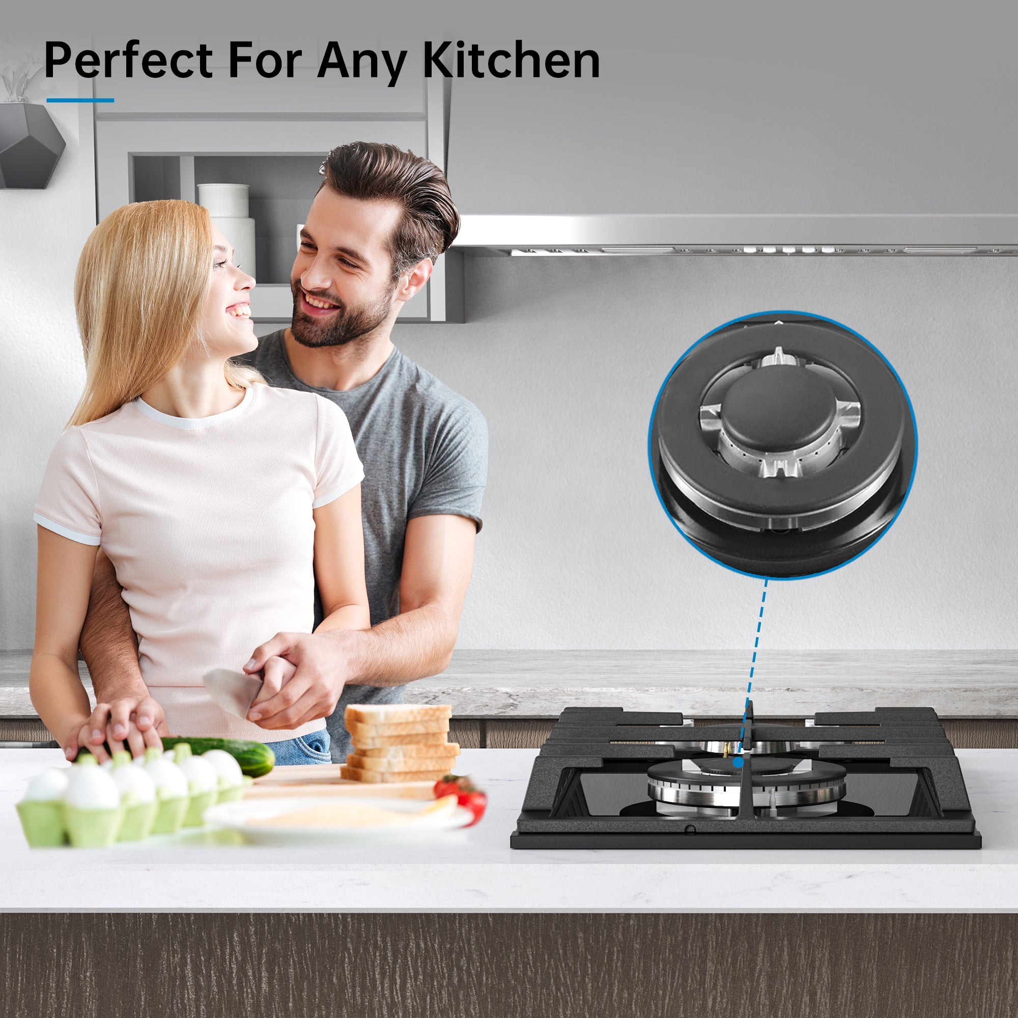 GH002-122G - 12" Kitchen Gas Cooktop 2burners Built-in Hob NG/LPG Black Tempered Glass