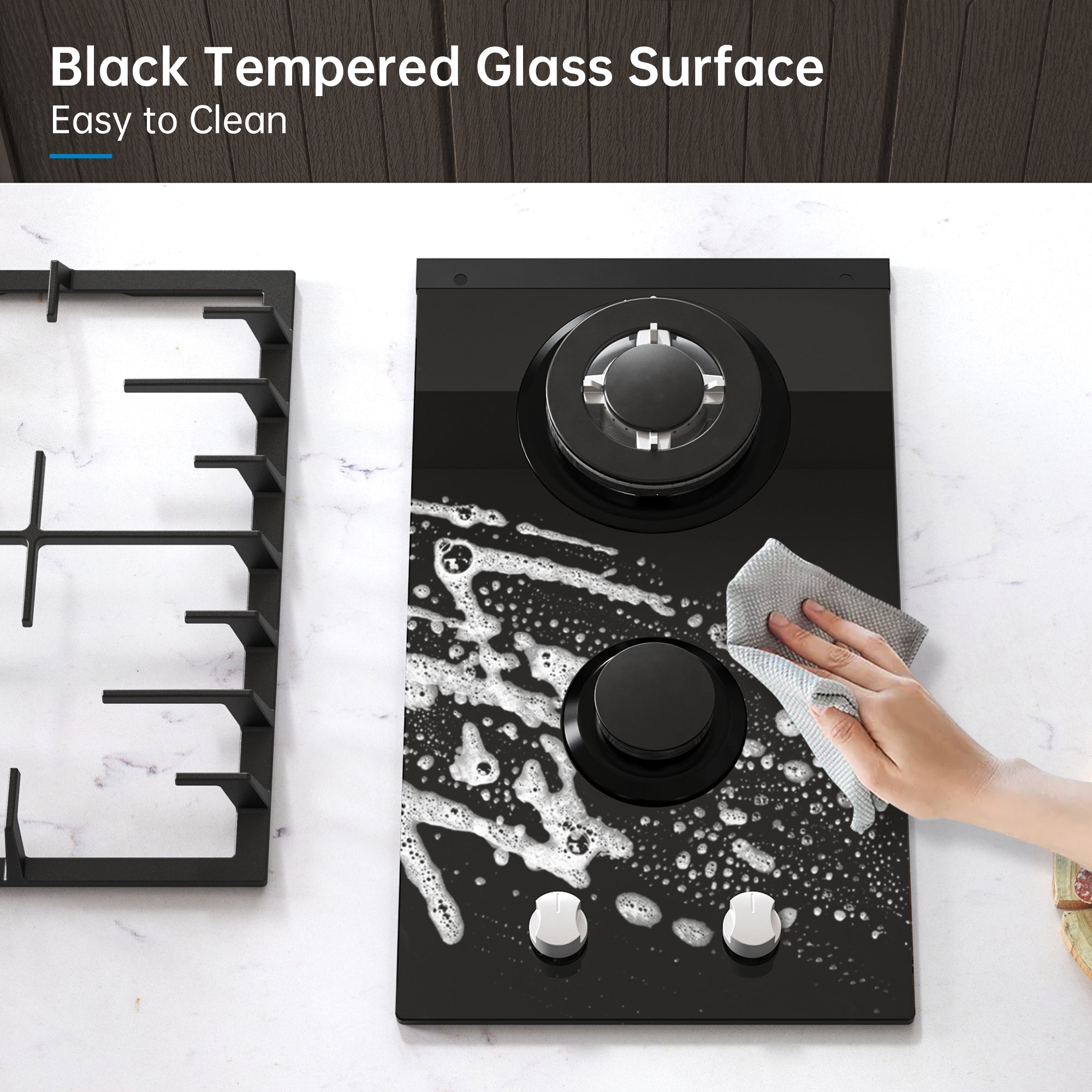 GH002-122G - 12" Kitchen Gas Cooktop 2burners Built-in Hob NG/LPG Black Tempered Glass