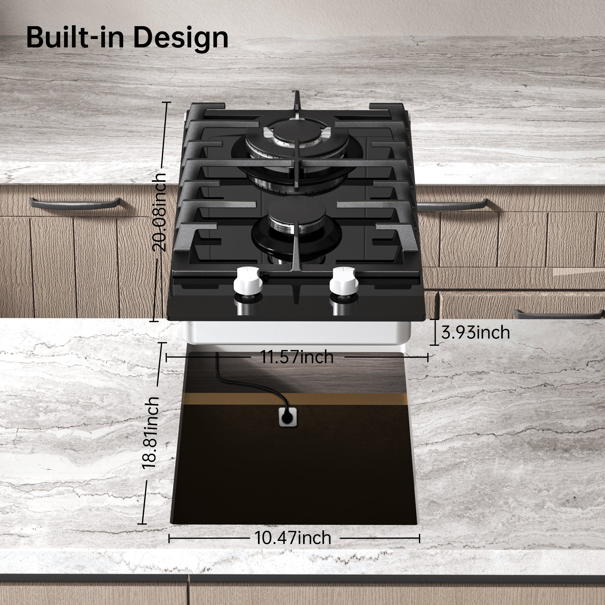 GH002-122G - 12" Kitchen Gas Cooktop 2burners Built-in Hob NG/LPG Black Tempered Glass