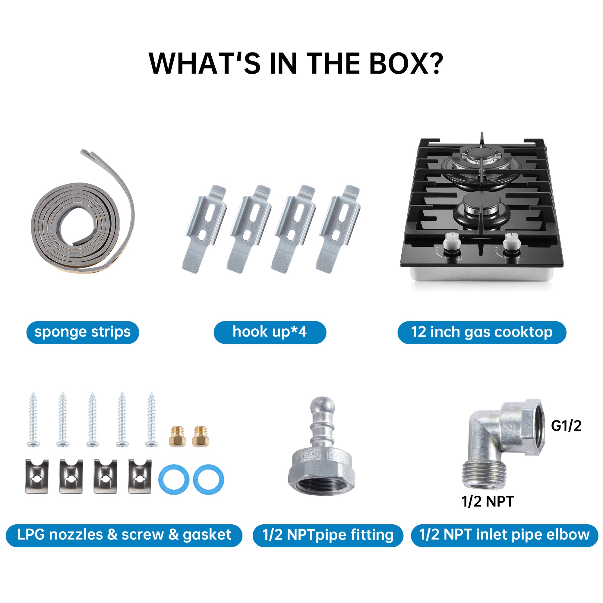 GH002-122G - 12" Kitchen Gas Cooktop 2burners Built-in Hob NG/LPG Black Tempered Glass