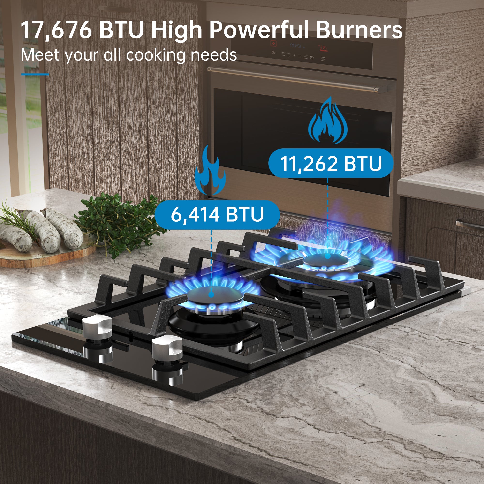 GH002-122G - 12" Kitchen Gas Cooktop 2burners Built-in Hob NG/LPG Black Tempered Glass