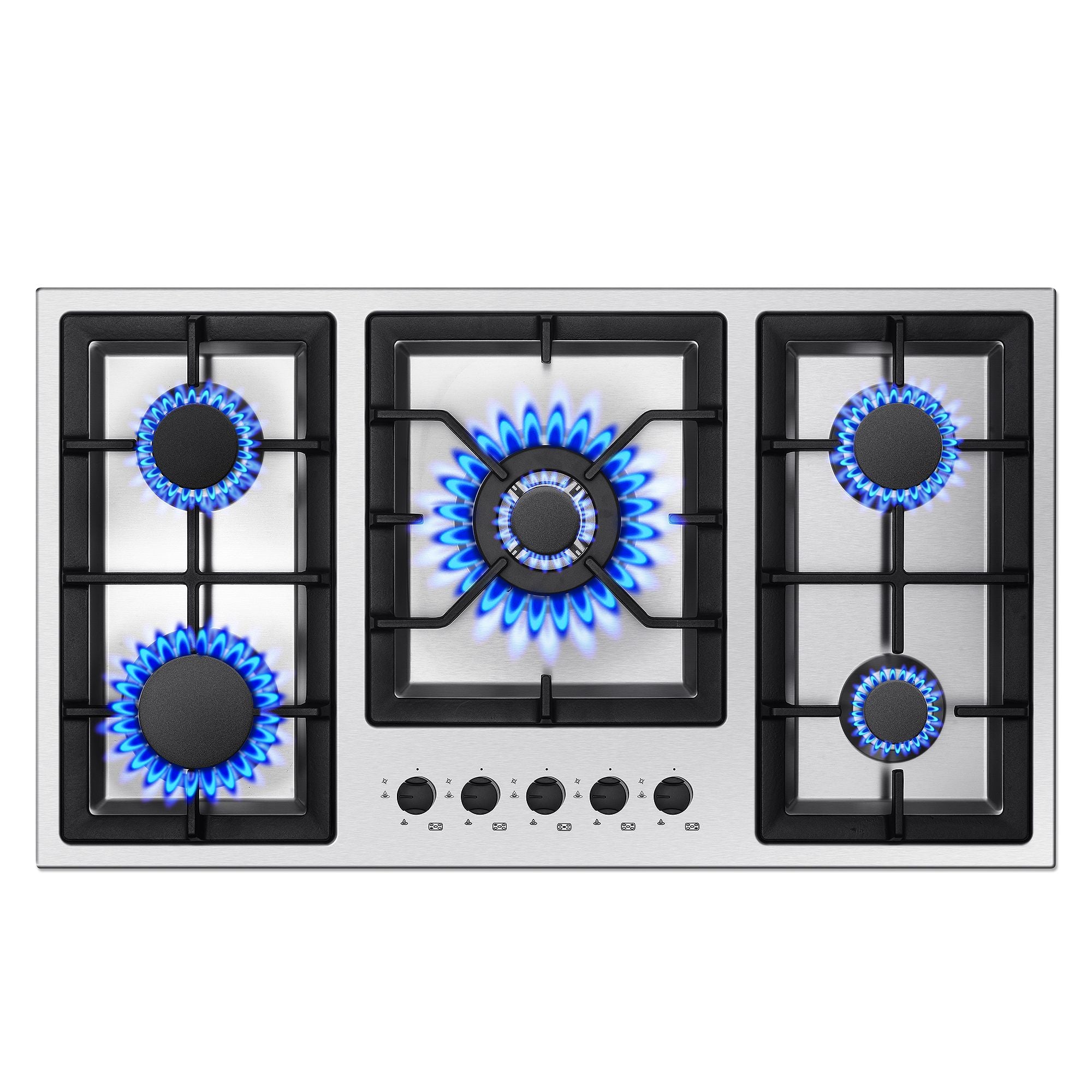 GH002-365S - 36 inch - 5 Burners Gas Stove Top, Built in Stainless Steel 36 Inch Gas Hob with LPG/NG Convertible Propane Cooktop