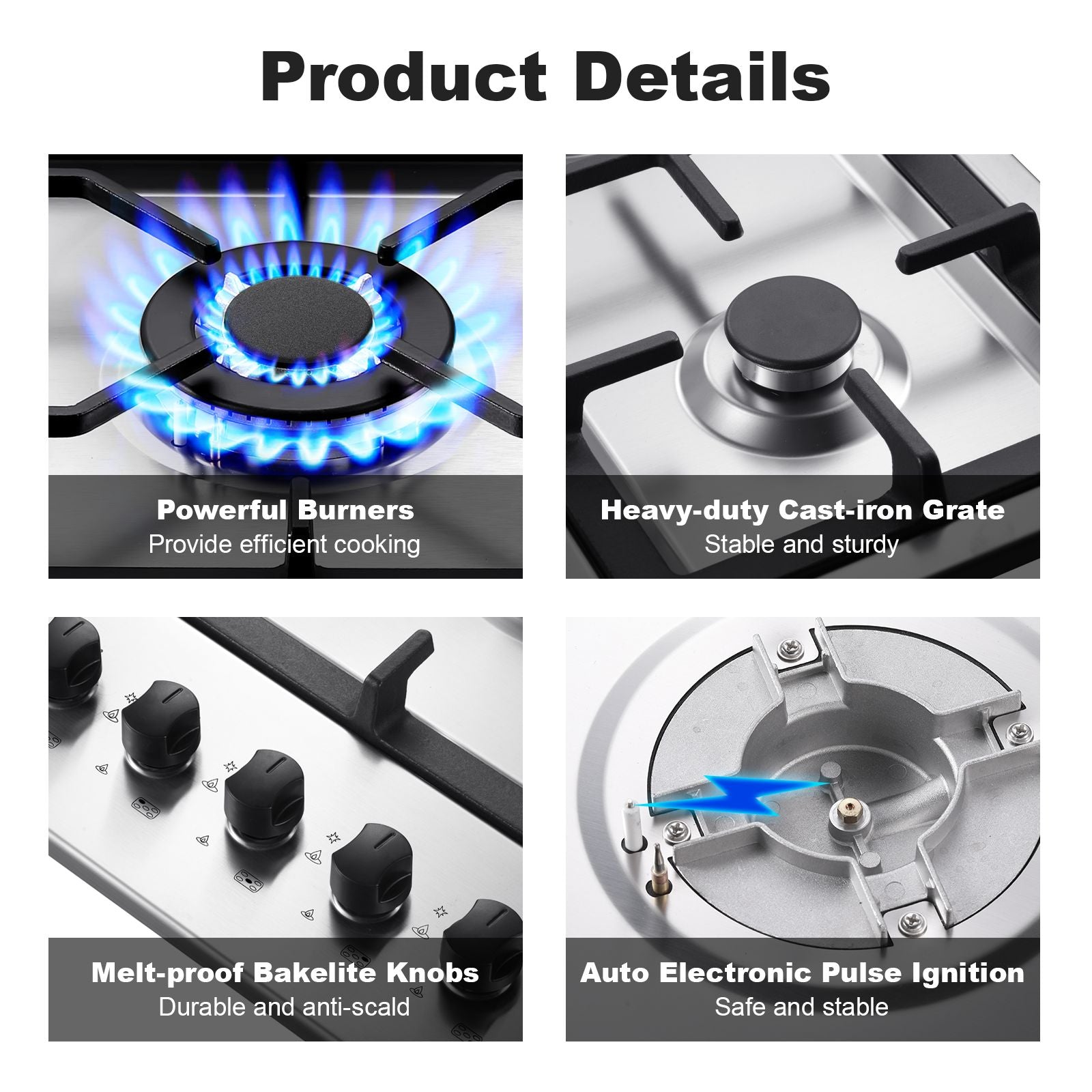 GH002-365S - 36 inch - 5 Burners Gas Stove Top, Built in Stainless Steel 36 Inch Gas Hob with LPG/NG Convertible Propane Cooktop