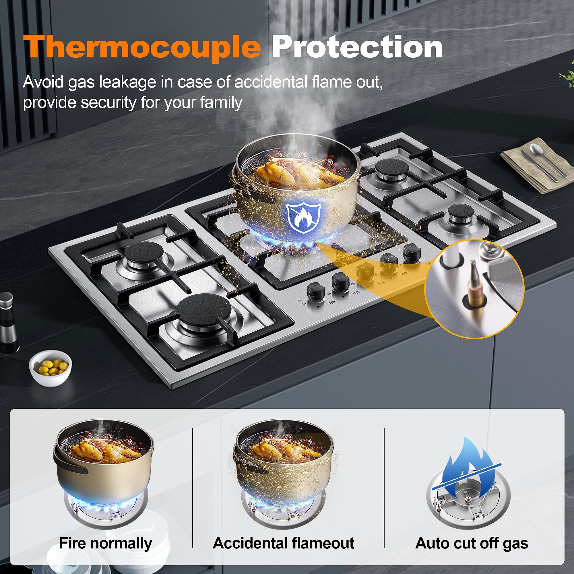 GH002-365S - 36 inch - 5 Burners Gas Stove Top, Built in Stainless Steel 36 Inch Gas Hob with LPG/NG Convertible Propane Cooktop