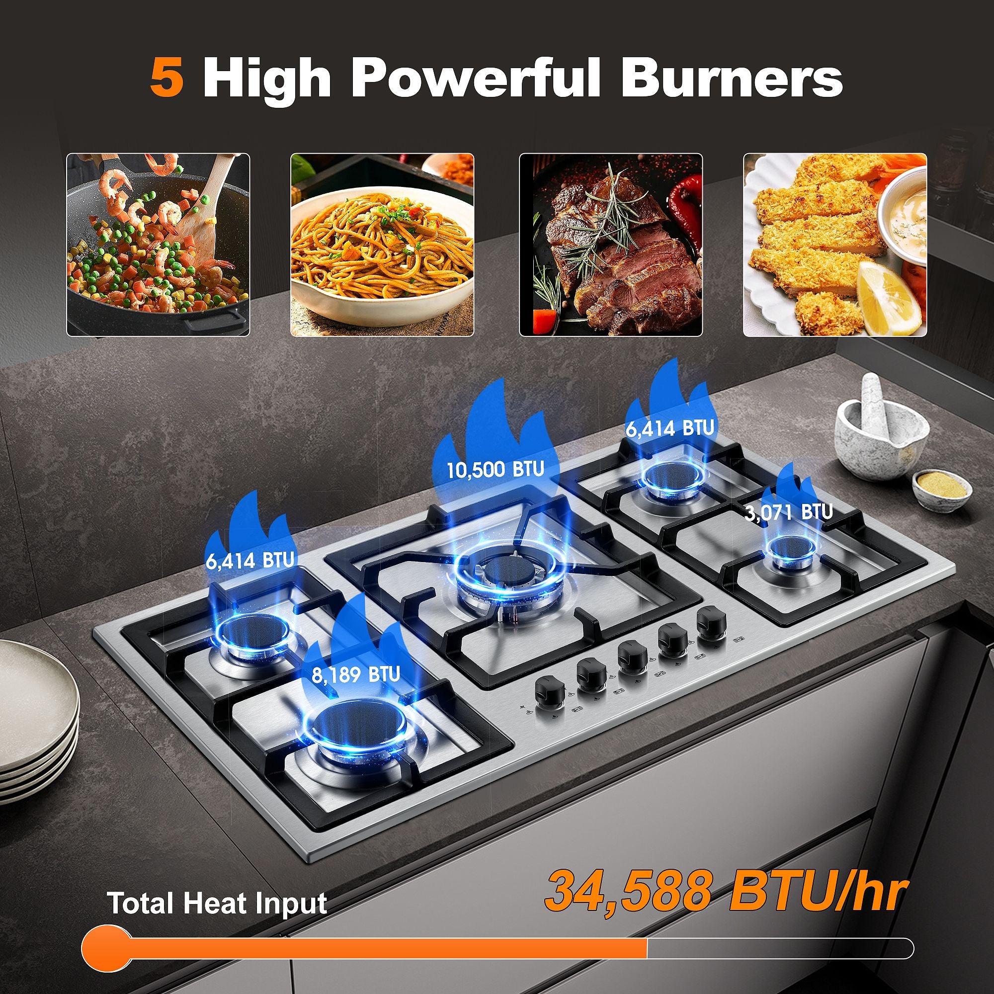 GH002-365S - 36 inch - 5 Burners Gas Stove Top, Built in Stainless Steel 36 Inch Gas Hob with LPG/NG Convertible Propane Cooktop