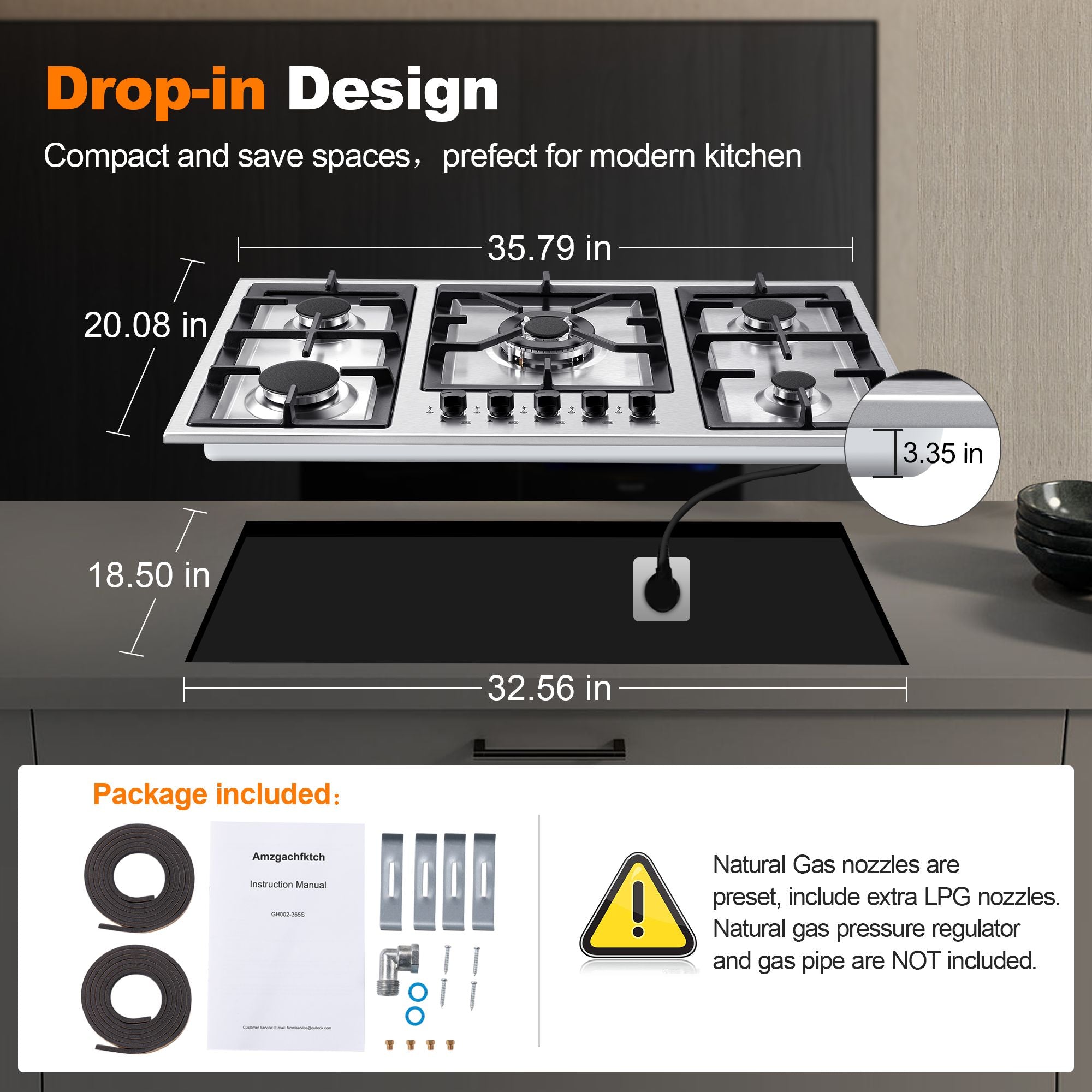 GH002-365S - 36 inch - 5 Burners Gas Stove Top, Built in Stainless Steel 36 Inch Gas Hob with LPG/NG Convertible Propane Cooktop