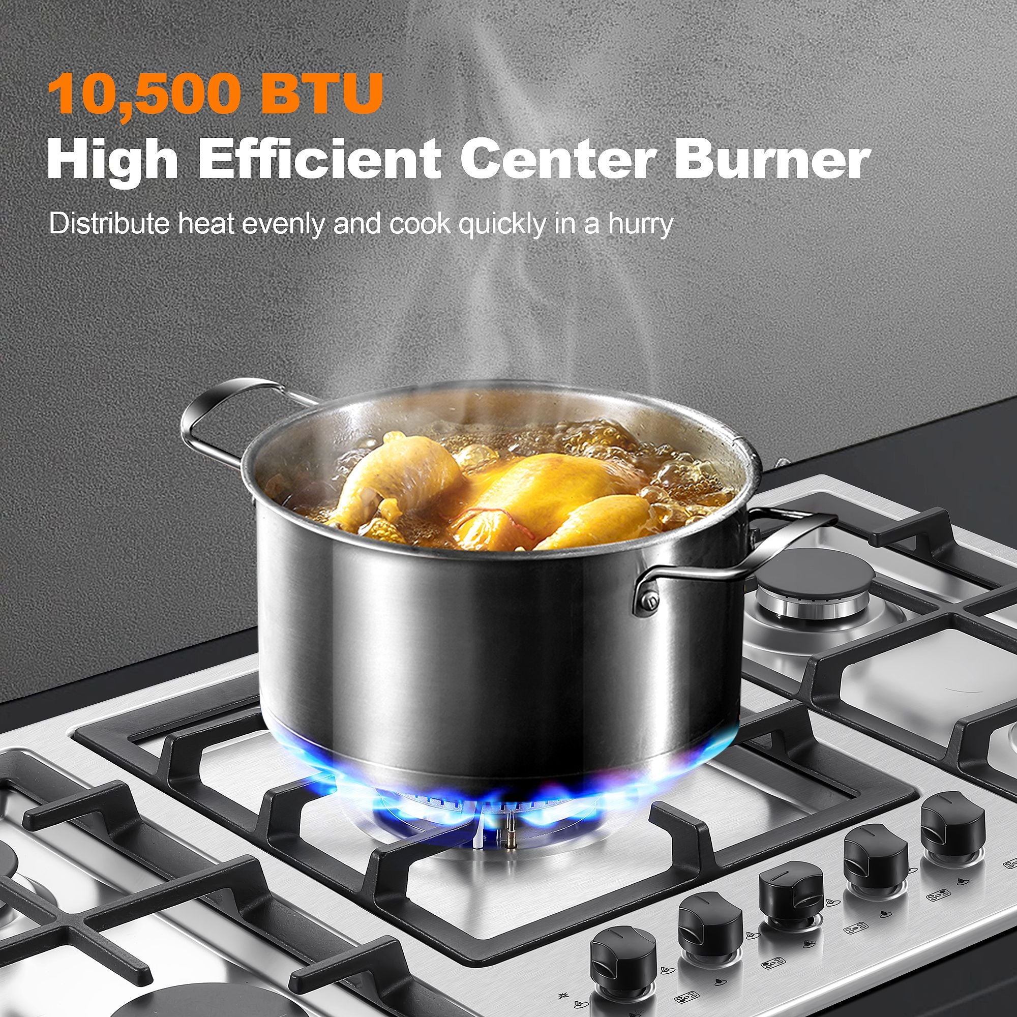 GH002-365S - 36 inch - 5 Burners Gas Stove Top, Built in Stainless Steel 36 Inch Gas Hob with LPG/NG Convertible Propane Cooktop