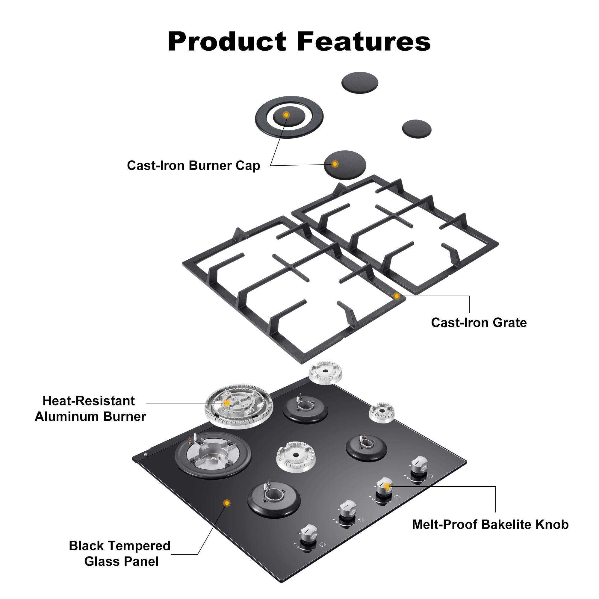 GH003-244G - 24 Inch - 4 Burner Built-in Glass Gas Stove Top