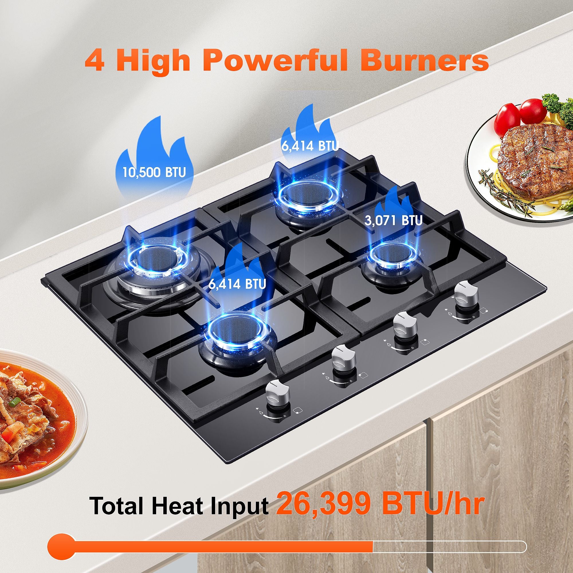 GH003-244G - 24 Inch - 4 Burner Built-in Glass Gas Stove Top