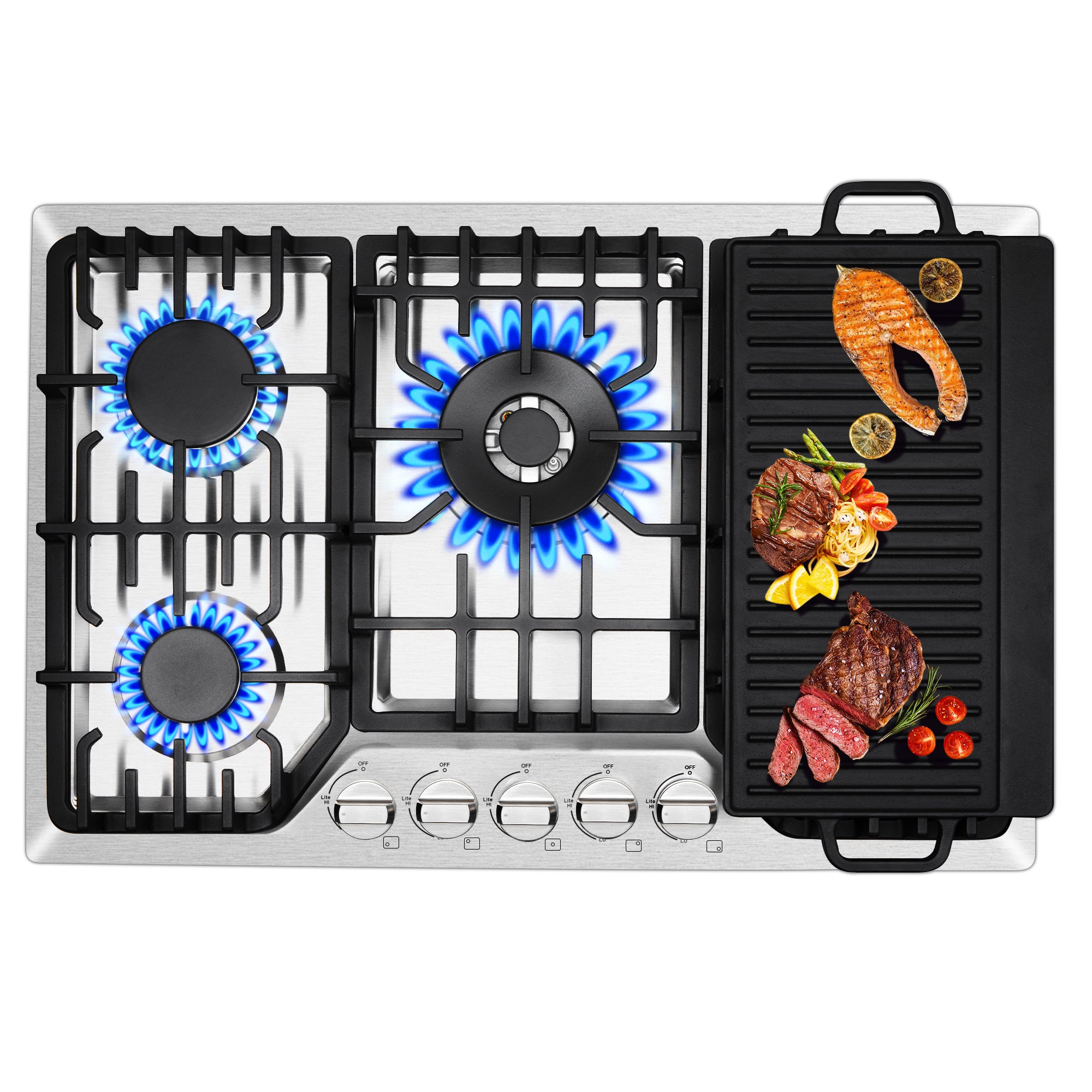 HG001-305S- 5 Burners 30 inch Gas Cooktop NG/LPG Stainless Steel Built-in Hob w/Grill