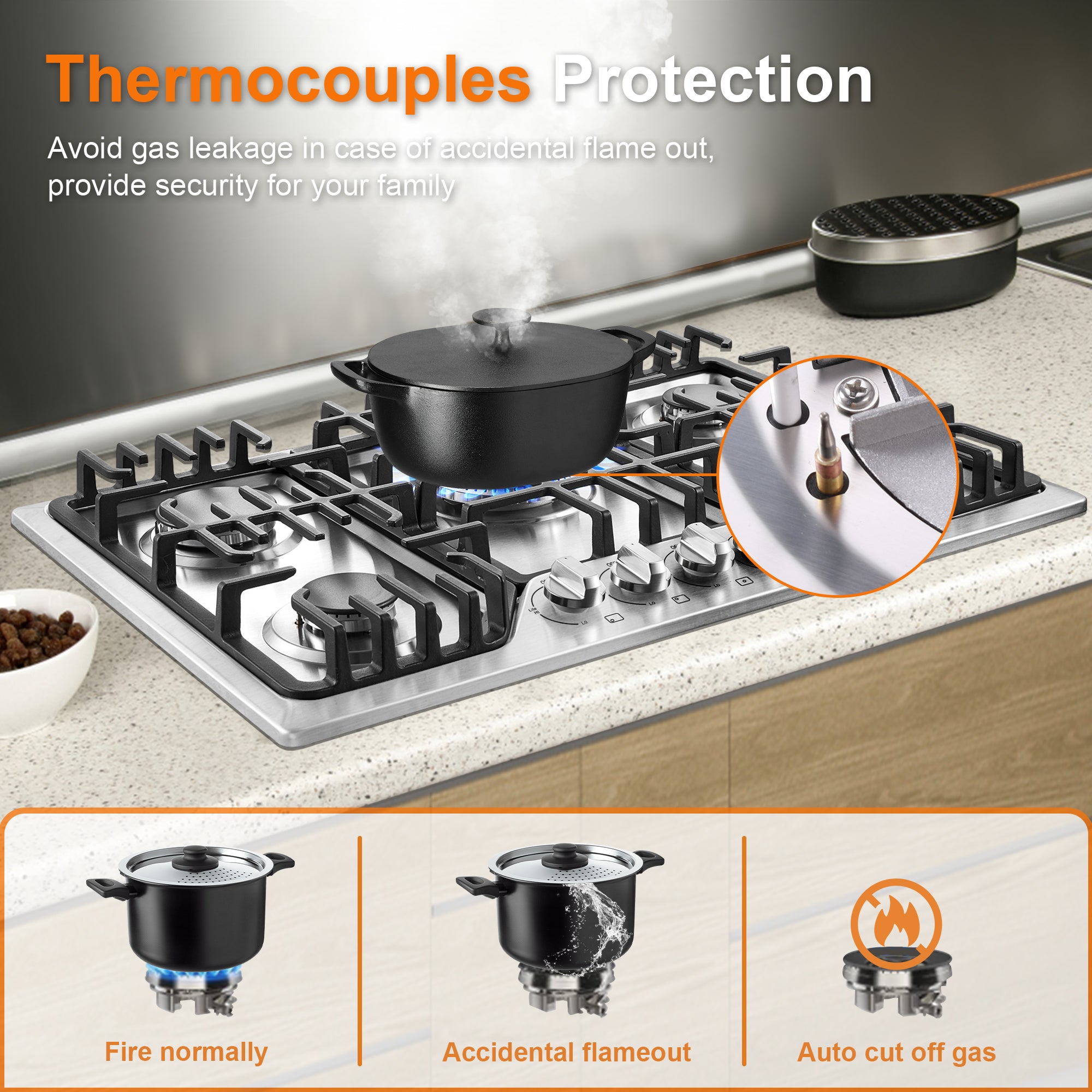 HG001-305S- 5 Burners 30 inch Gas Cooktop NG/LPG Stainless Steel Built-in Hob w/Grill