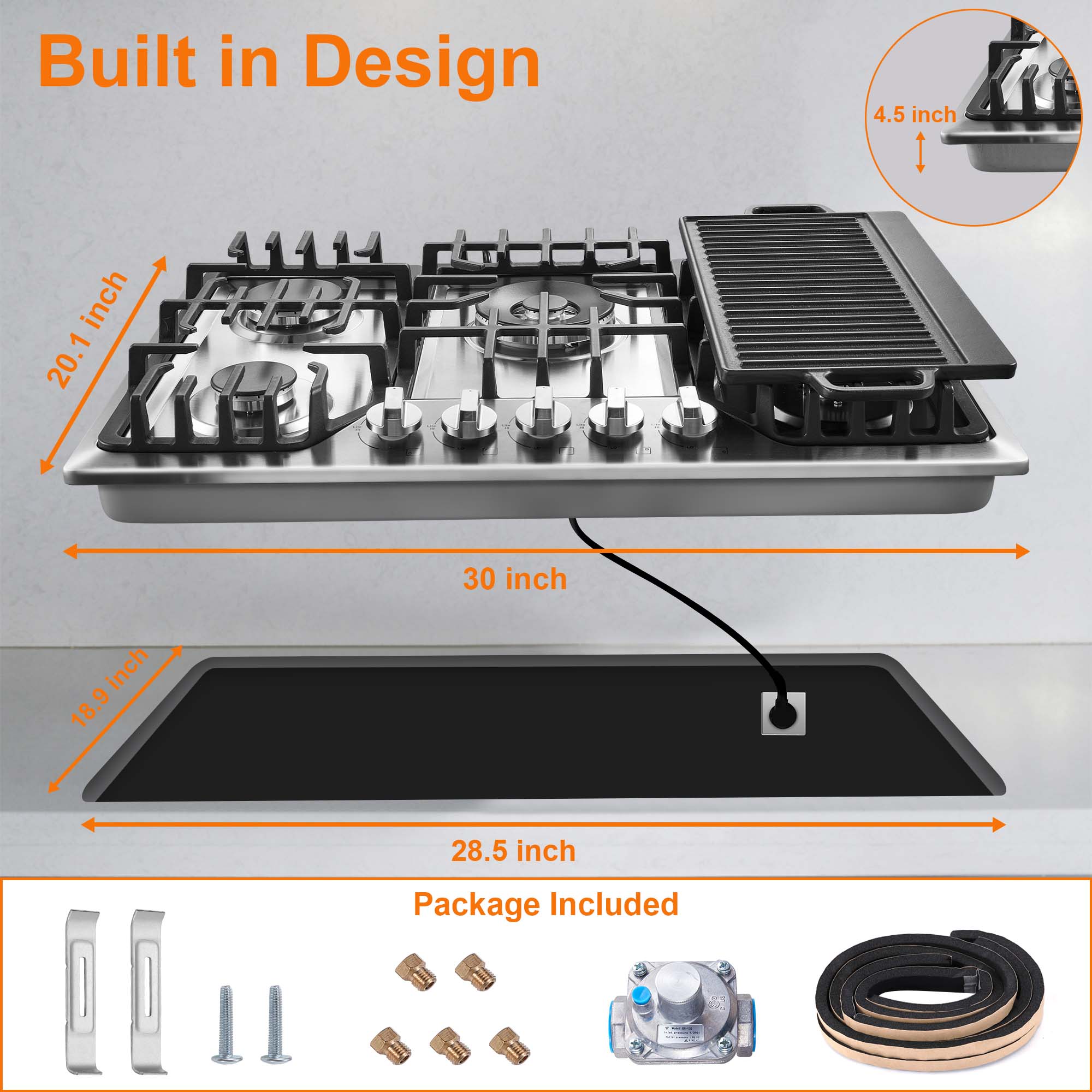 HG001-305S- 5 Burners 30 inch Gas Cooktop NG/LPG Stainless Steel Built-in Hob w/Grill