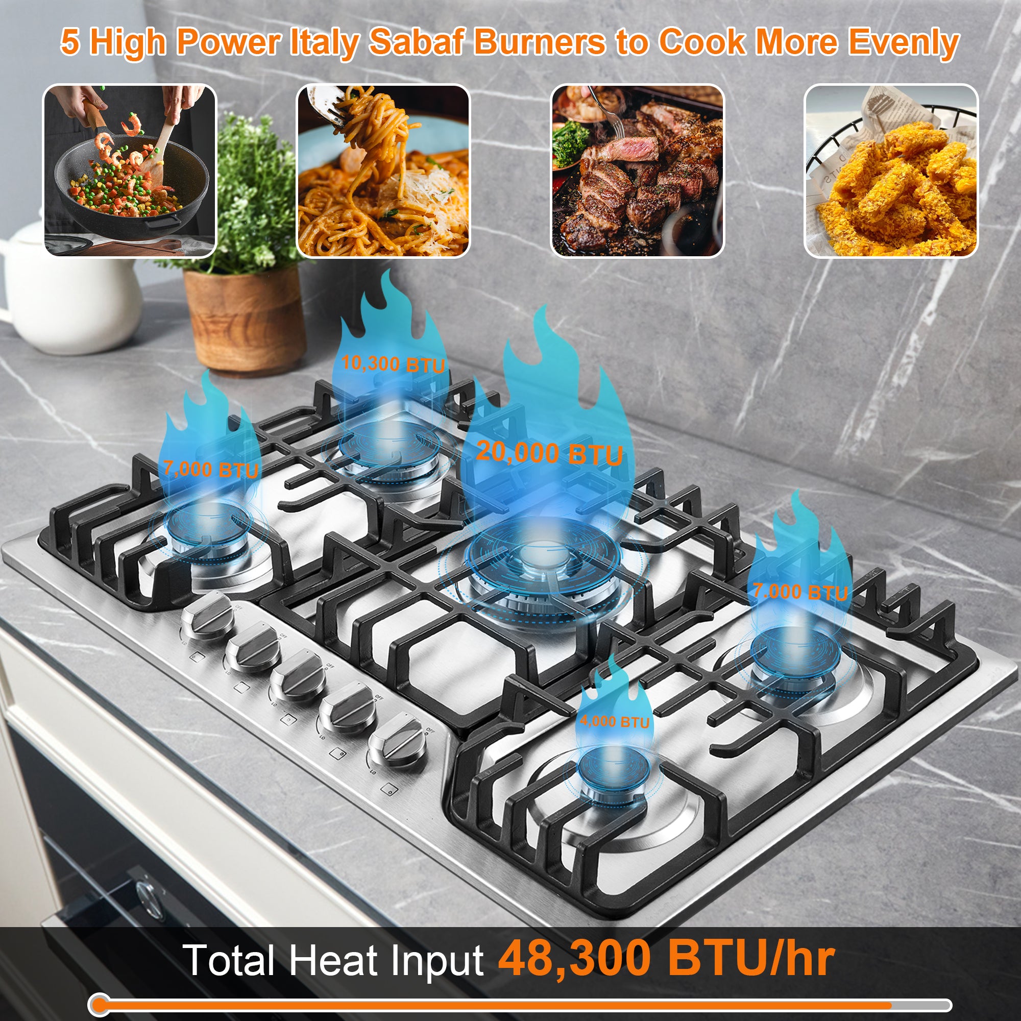 HG001-305S- 5 Burners 30 inch Gas Cooktop NG/LPG Stainless Steel Built-in Hob w/Grill